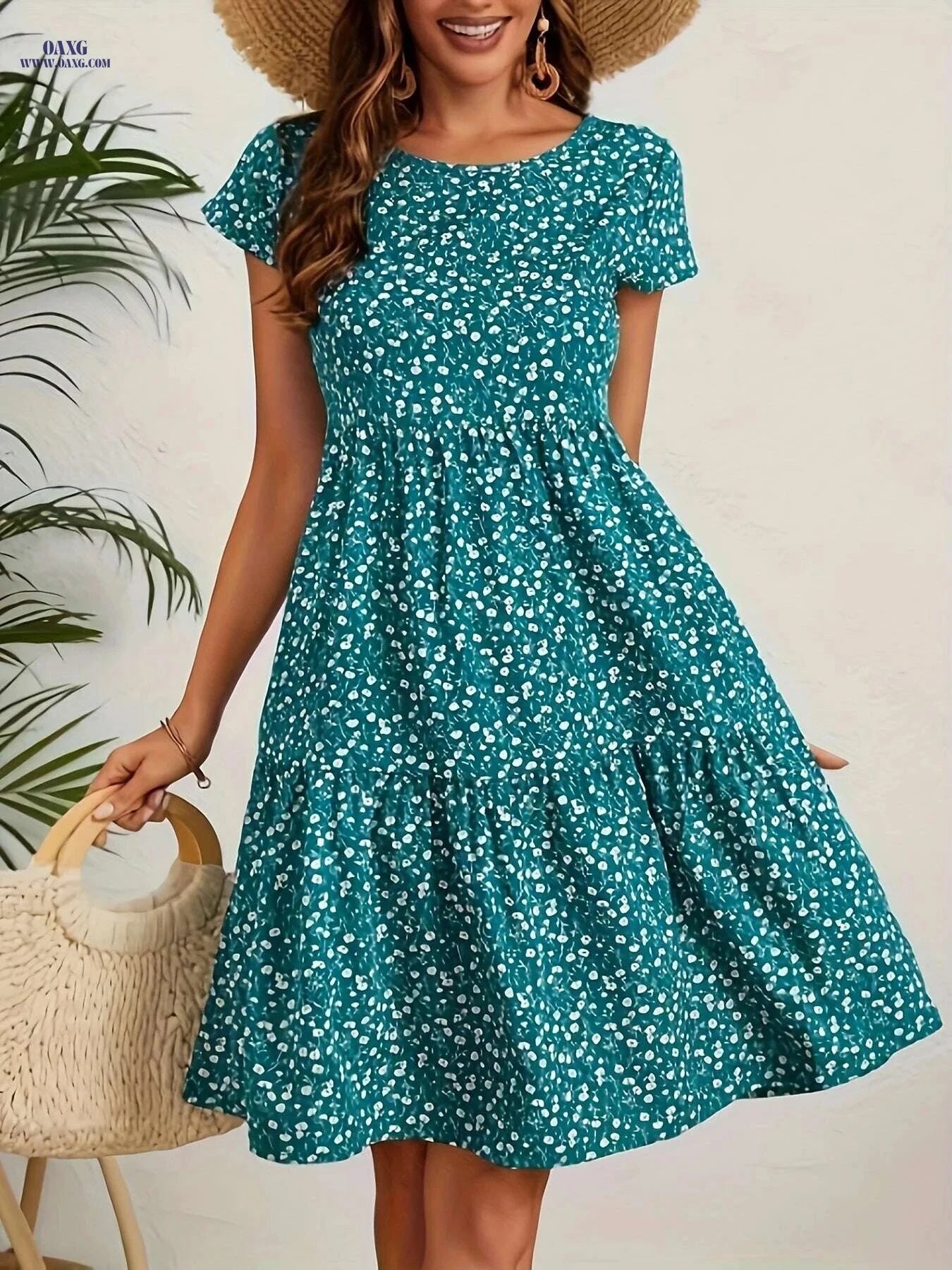 Women's Yellow Floral Dress - Short Sleeve, Knee-Length, Casual Style   OAXG Dark Cyan / S