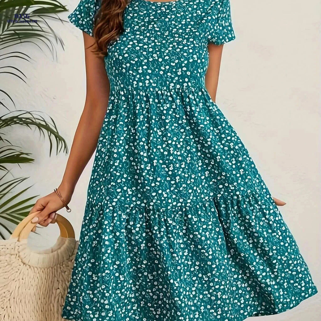 Women's Yellow Floral Dress - Short Sleeve, Knee-Length, Casual Style   OAXG Dark Cyan / S