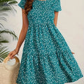 Women's Yellow Floral Dress - Short Sleeve, Knee-Length, Casual Style   OAXG Dark Cyan / S