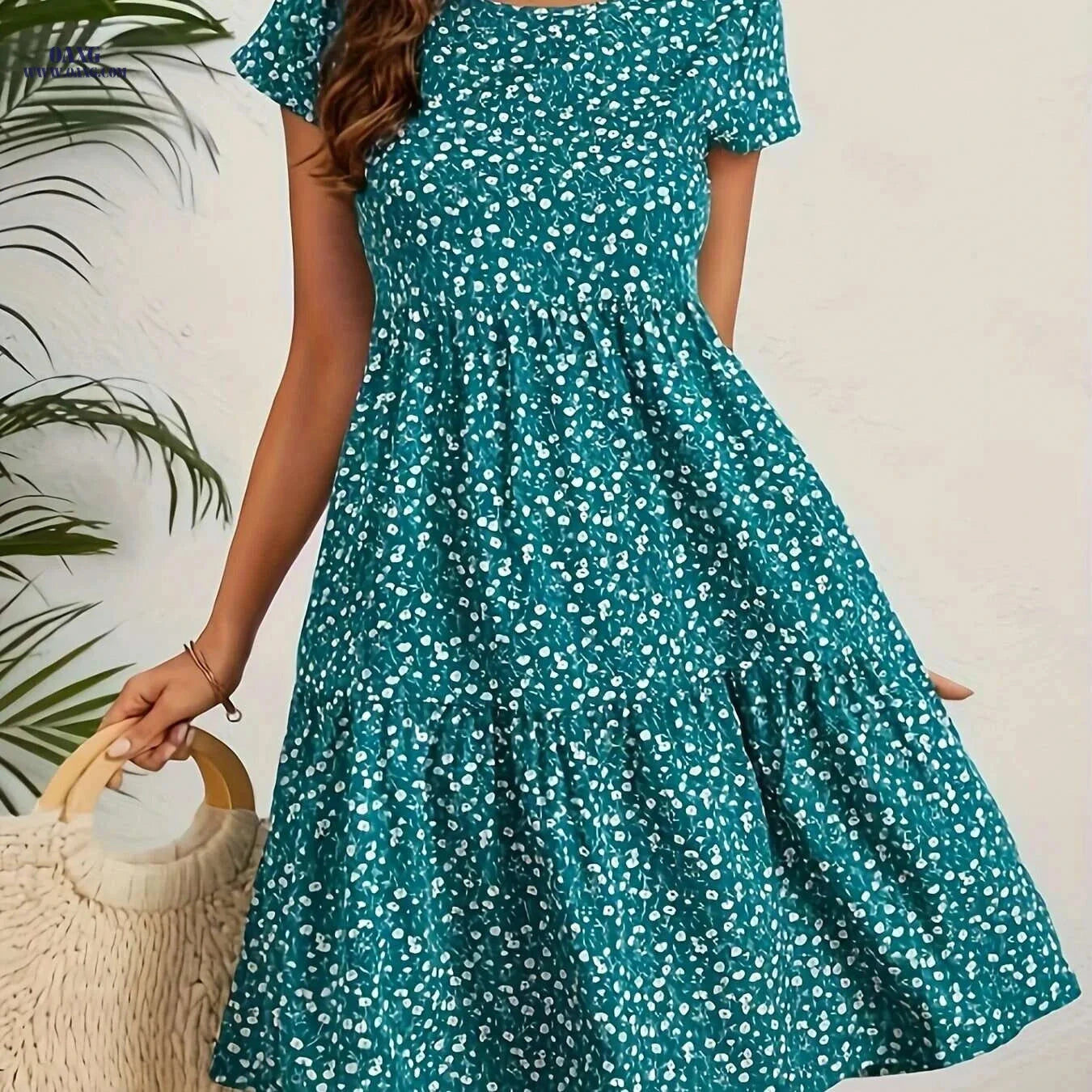 Women's Yellow Floral Dress - Short Sleeve, Knee-Length, Casual Style   OAXG Dark Cyan / S