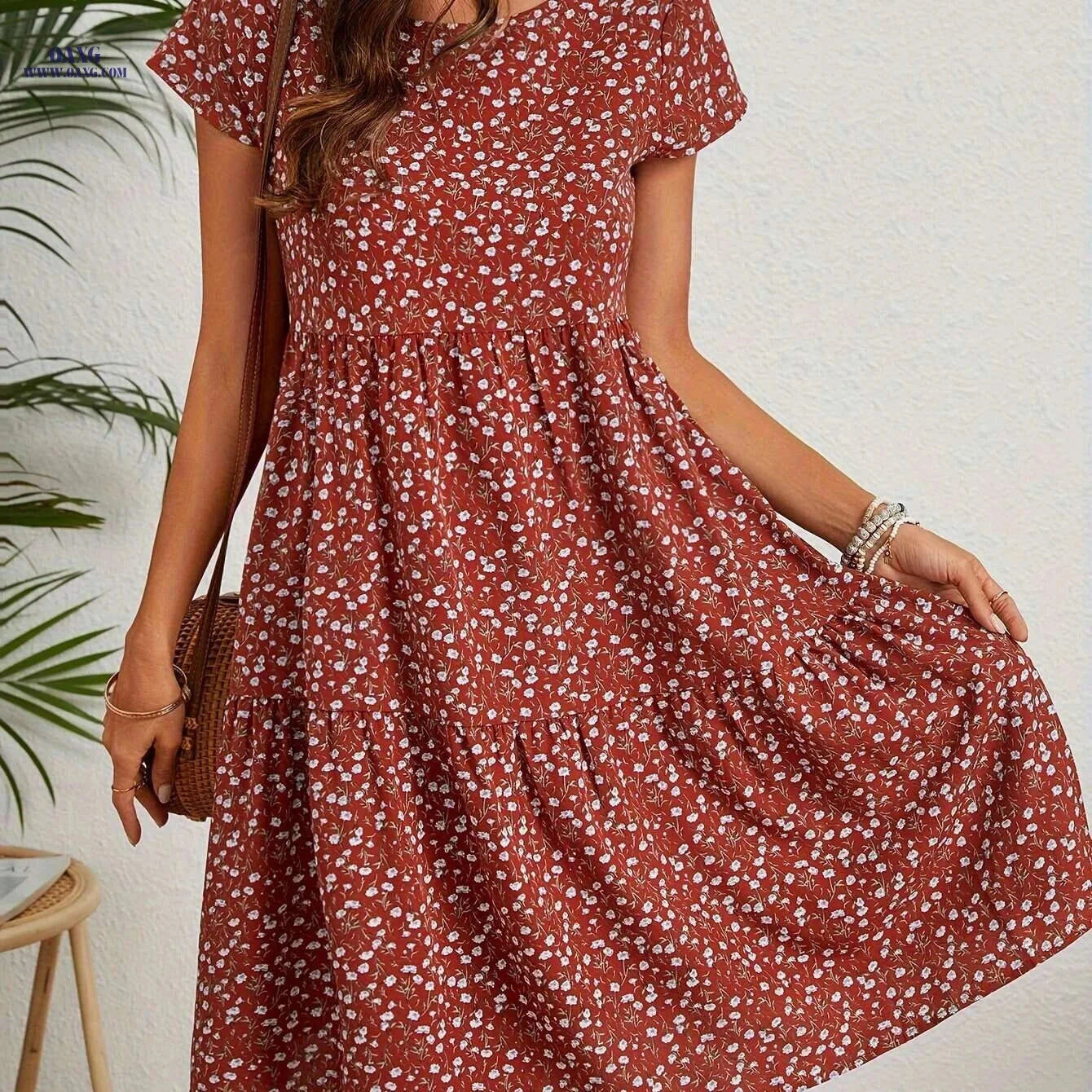 Women's Yellow Floral Dress - Short Sleeve, Knee-Length, Casual Style   OAXG Dark Cyan / S