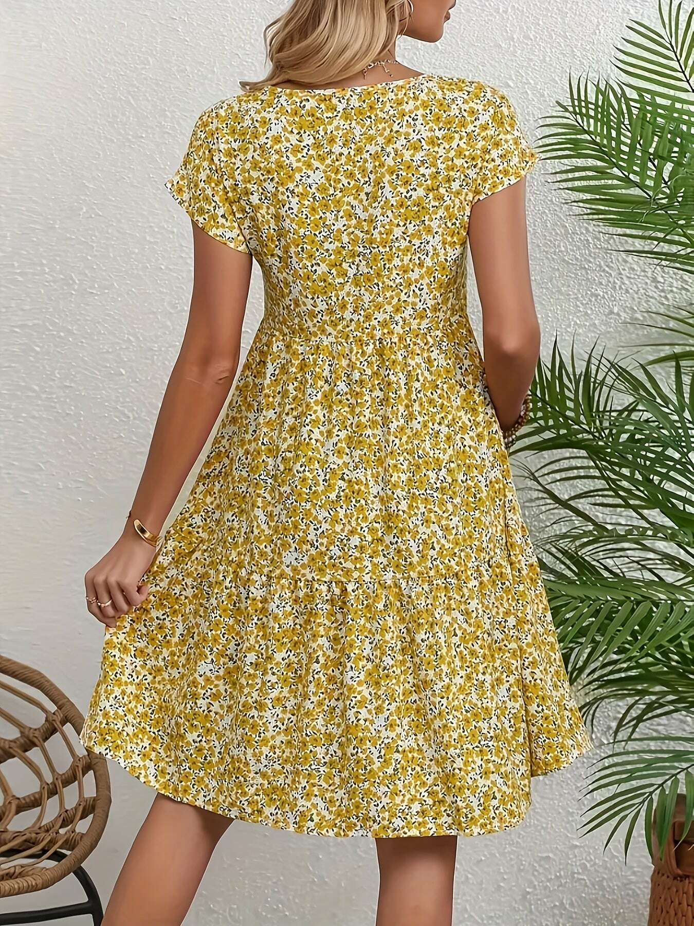 Women's Yellow Floral Dress - Short Sleeve, Knee-Length, Casual Style   OAXG Dark Cyan / S