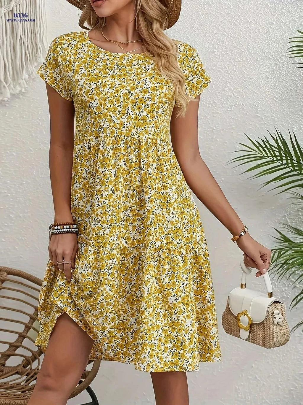 Women's Yellow Floral Dress - Short Sleeve, Knee-Length, Casual Style   OAXG 
