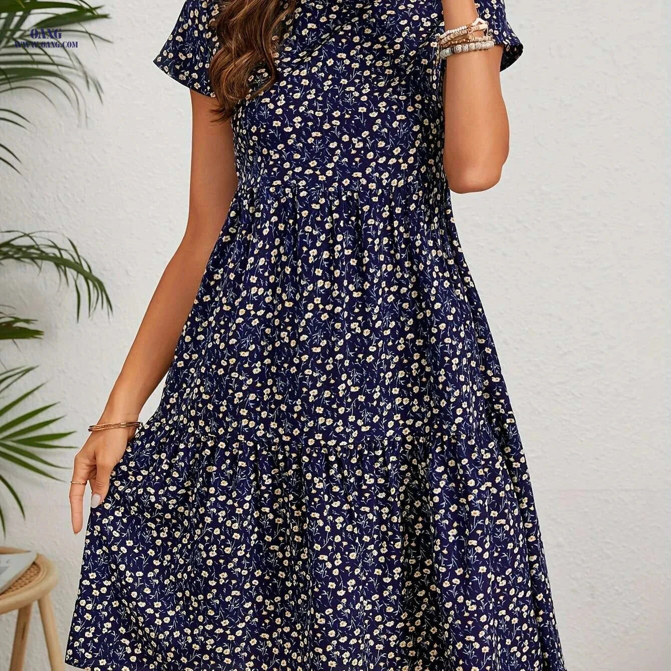 Women's Yellow Floral Dress - Short Sleeve, Knee-Length, Casual Style   OAXG 