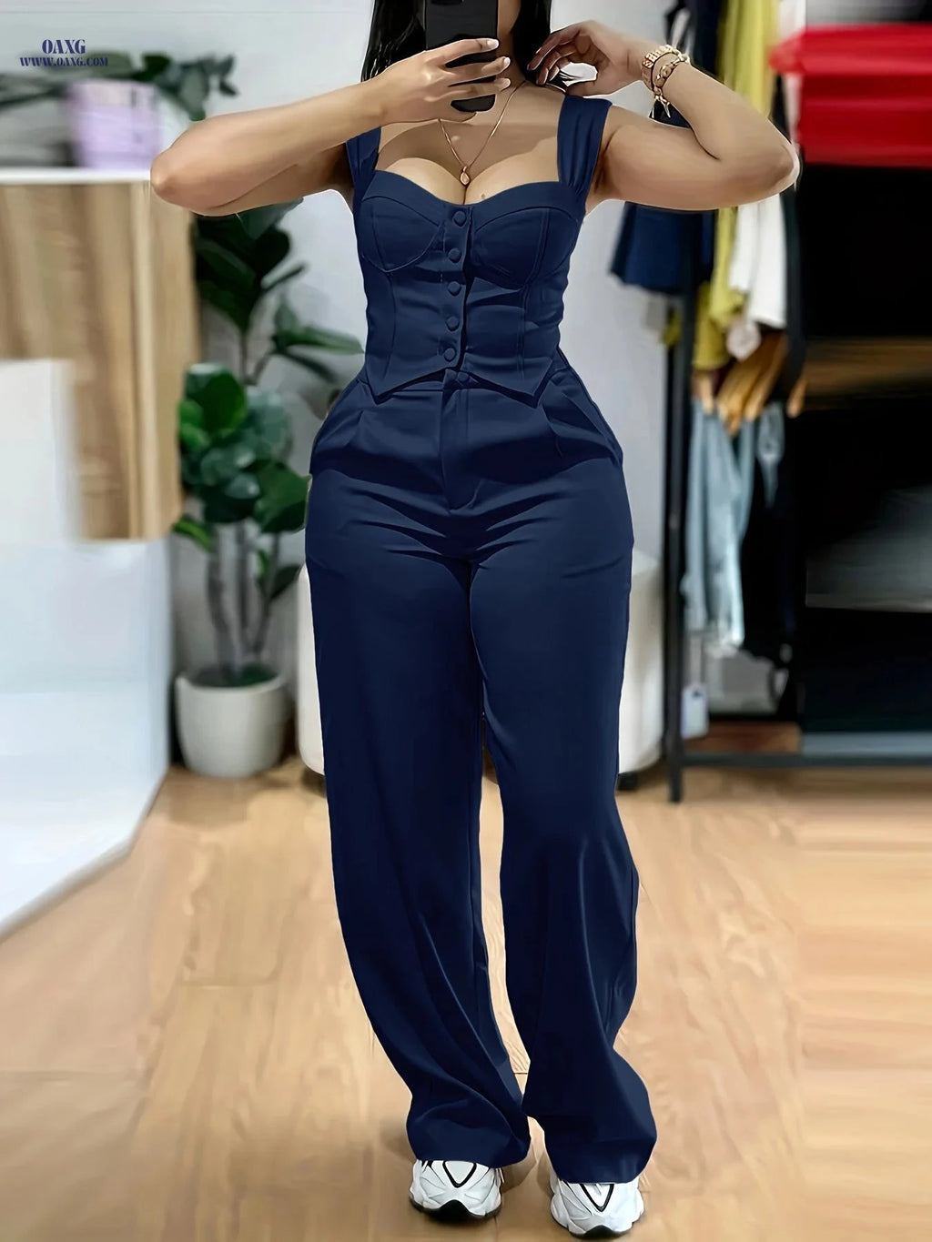 Women's Yellow V-Neck Top & Wide-Leg Pants Set - Casual Style   OAXG 
