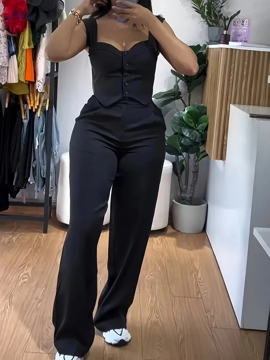 Women's Yellow V-Neck Top & Wide-Leg Pants Set - Casual Style   OAXG 