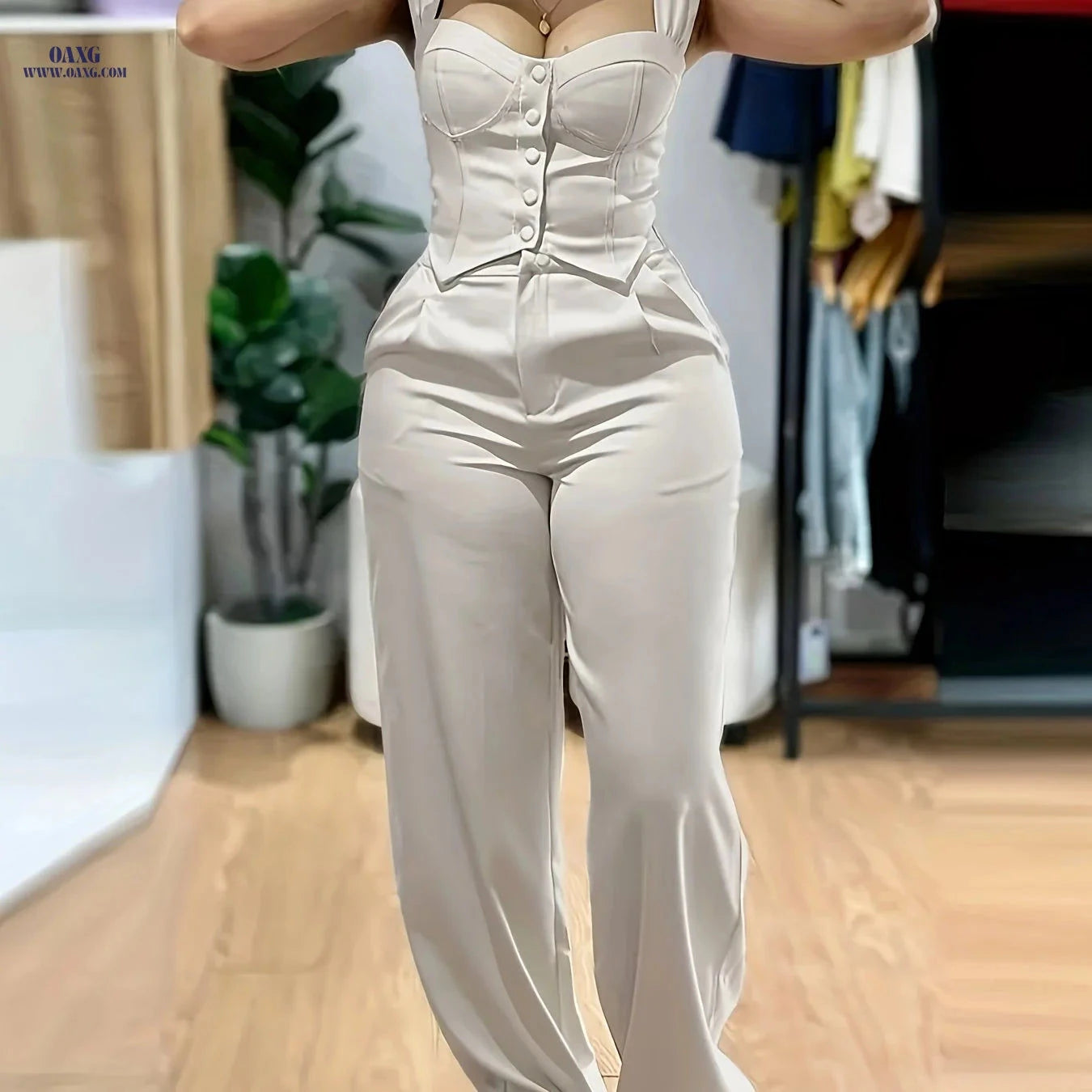 Women's Yellow V-Neck Top & Wide-Leg Pants Set - Casual Style   OAXG Black / XS
