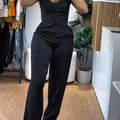 Women's Yellow V-Neck Top & Wide-Leg Pants Set - Casual Style   OAXG Black / XS