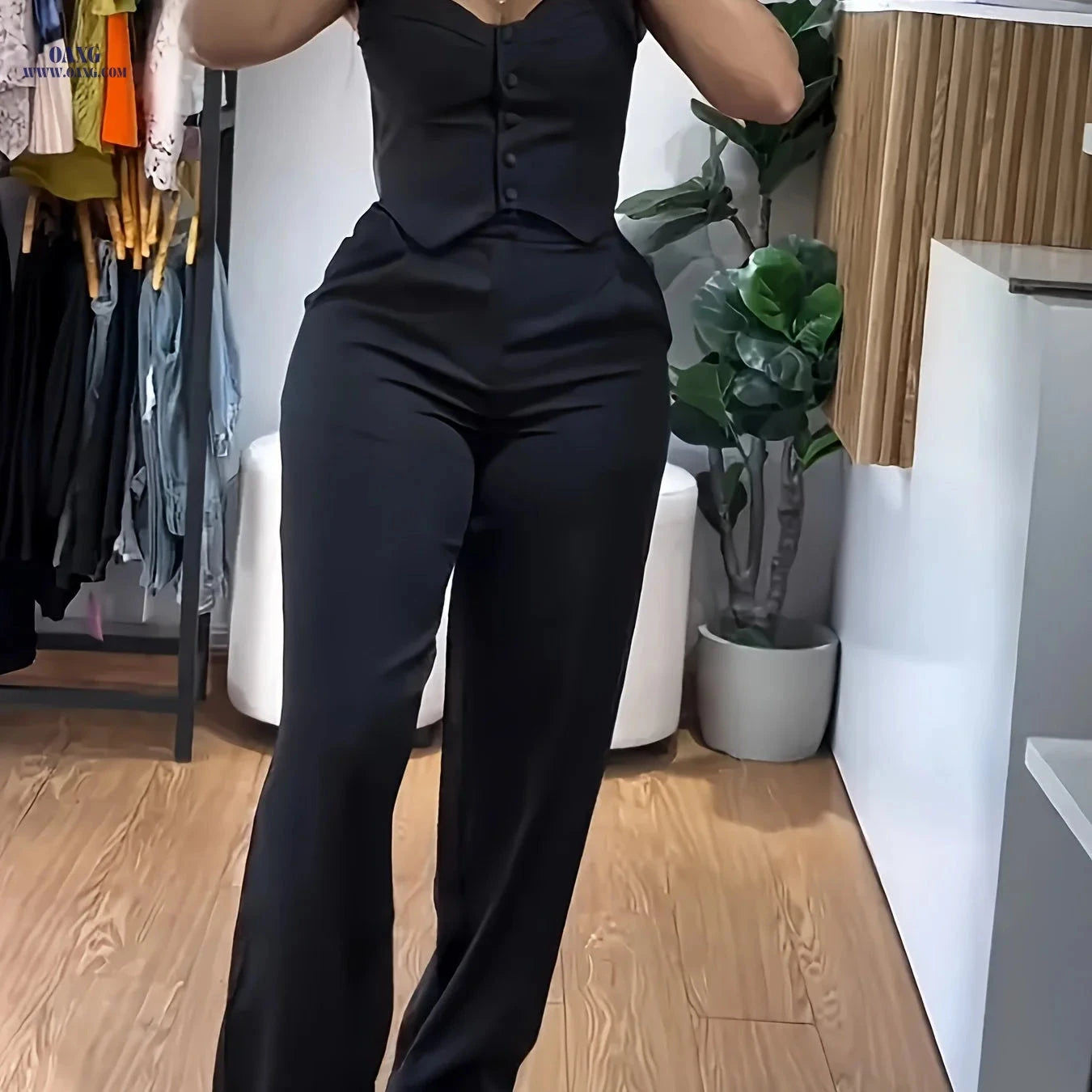 Women's Yellow V-Neck Top & Wide-Leg Pants Set - Casual Style   OAXG Black / XS