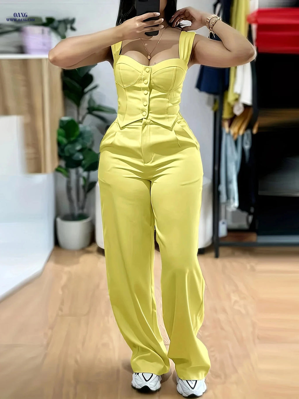 Women's Yellow V-Neck Top & Wide-Leg Pants Set - Casual Style   OAXG Black / XS