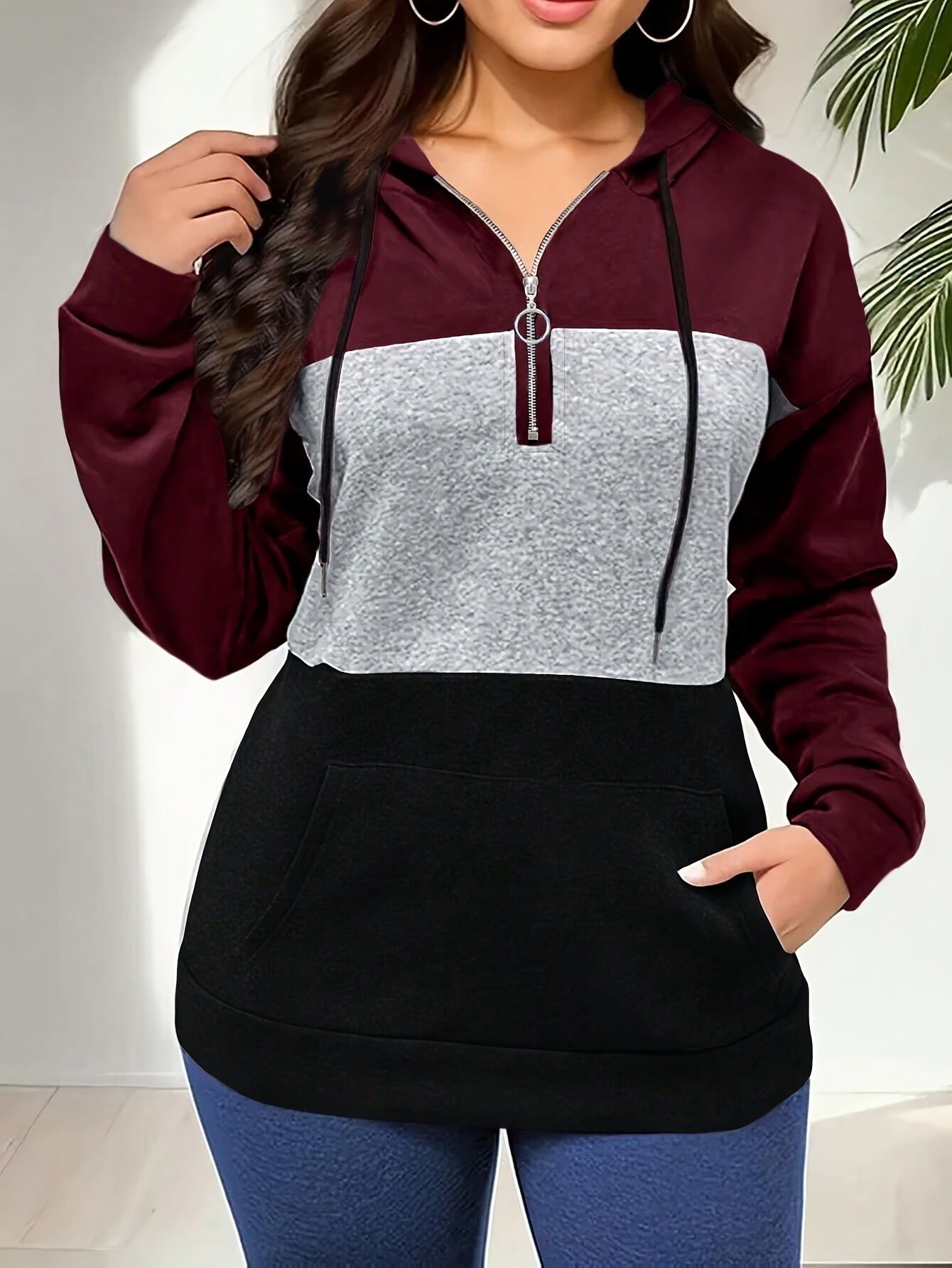 Women's Zip-Up Hoodie - Burgundy & Dark Tone Color Block Jacket, Full-Zip Front Closure, Machine Washable Winter Coat for Casual & Formal Outfits, Zip Up Hoodies, Winter Apparel, Hooded Sweatshirt, Sleek Fabric   OAXG Mixed colors / S