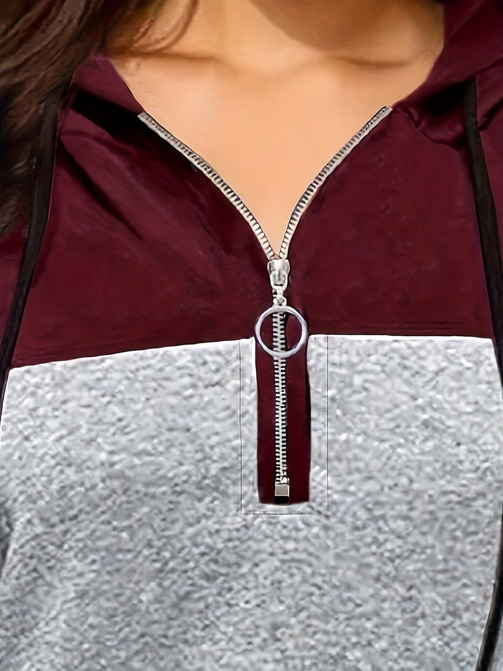 Women's Zip-Up Hoodie - Burgundy & Dark Tone Color Block Jacket, Full-Zip Front Closure, Machine Washable Winter Coat for Casual & Formal Outfits, Zip Up Hoodies, Winter Apparel, Hooded Sweatshirt, Sleek Fabric   OAXG Mixed colors / S
