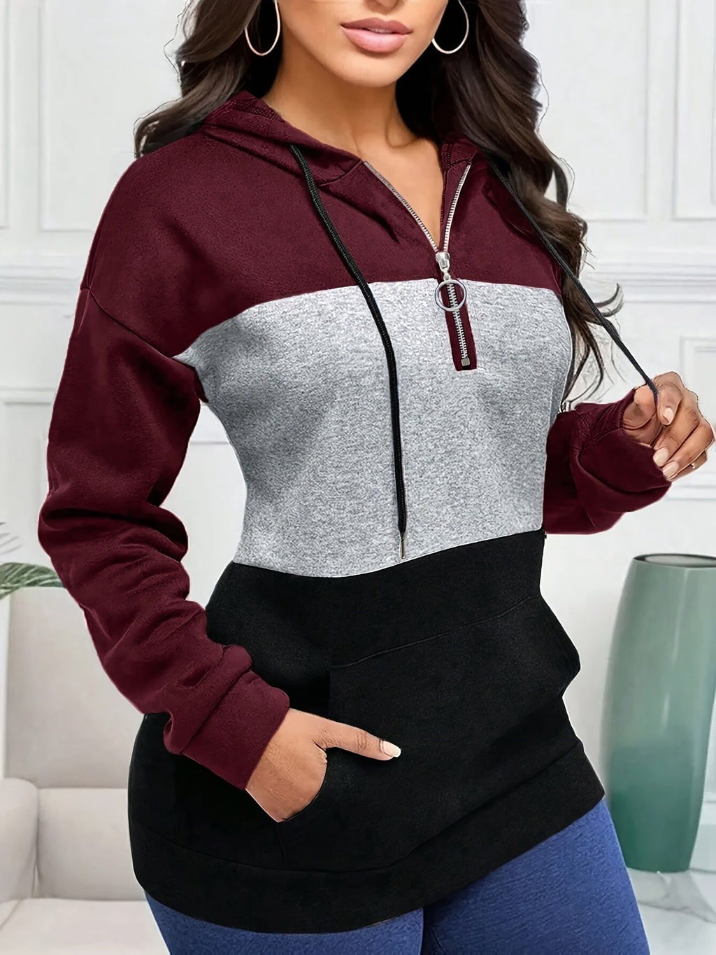 Women's Zip-Up Hoodie - Burgundy & Dark Tone Color Block Jacket, Full-Zip Front Closure, Machine Washable Winter Coat for Casual & Formal Outfits, Zip Up Hoodies, Winter Apparel, Hooded Sweatshirt, Sleek Fabric   OAXG Mixed colors / S