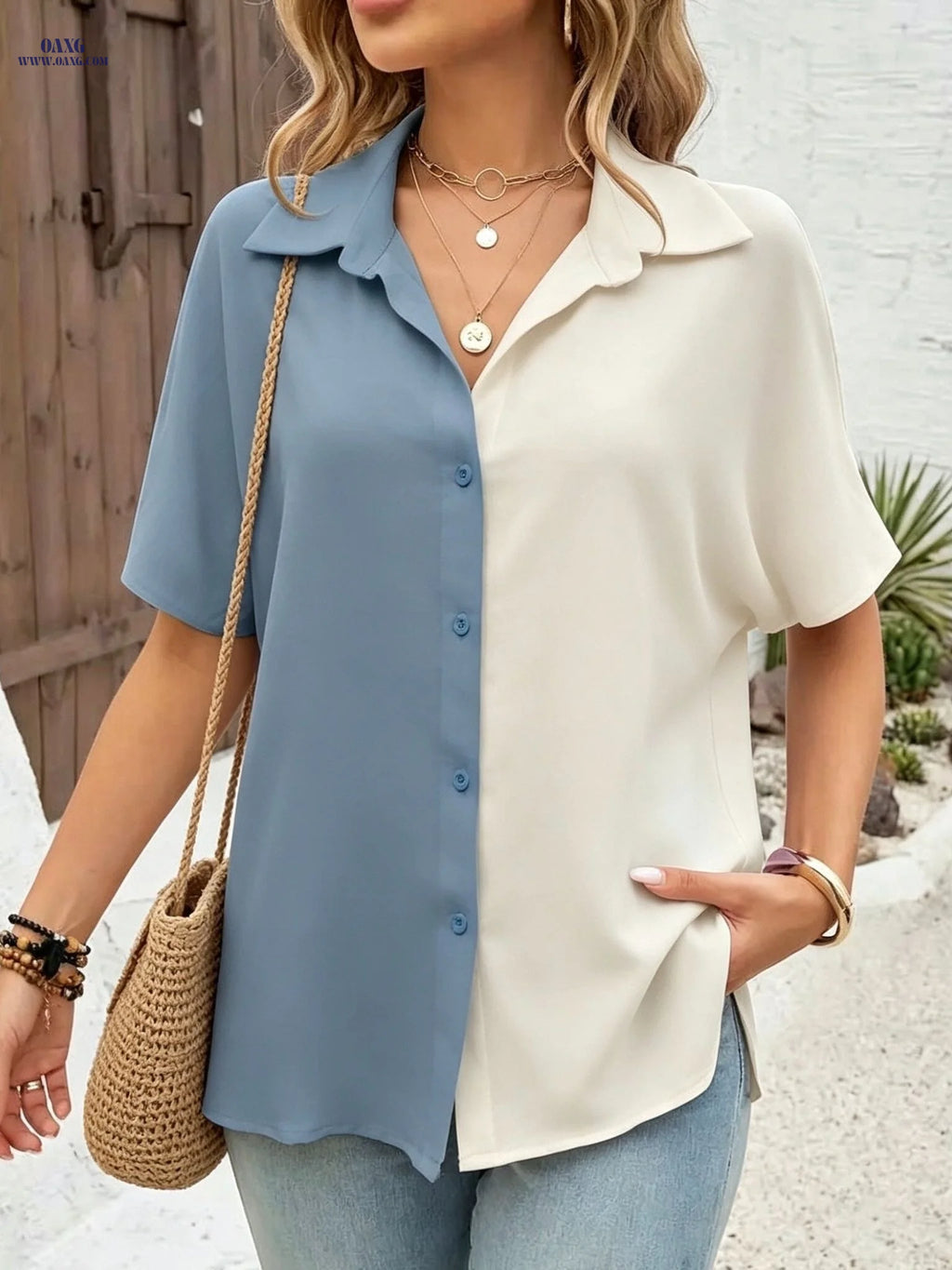 Women's Color-Block V-Neck Shirt - Lightweight Casual Blouse   OAXG Mixed colors / S