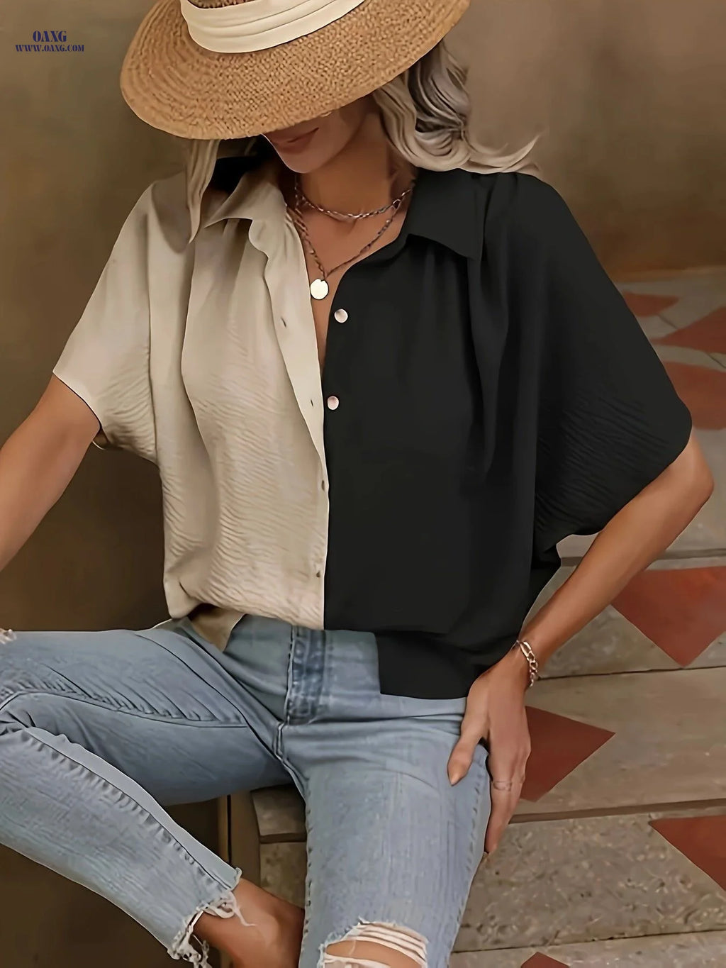 Women's Color-Block V-Neck Shirt - Lightweight Casual Blouse   OAXG Mixed colors / S