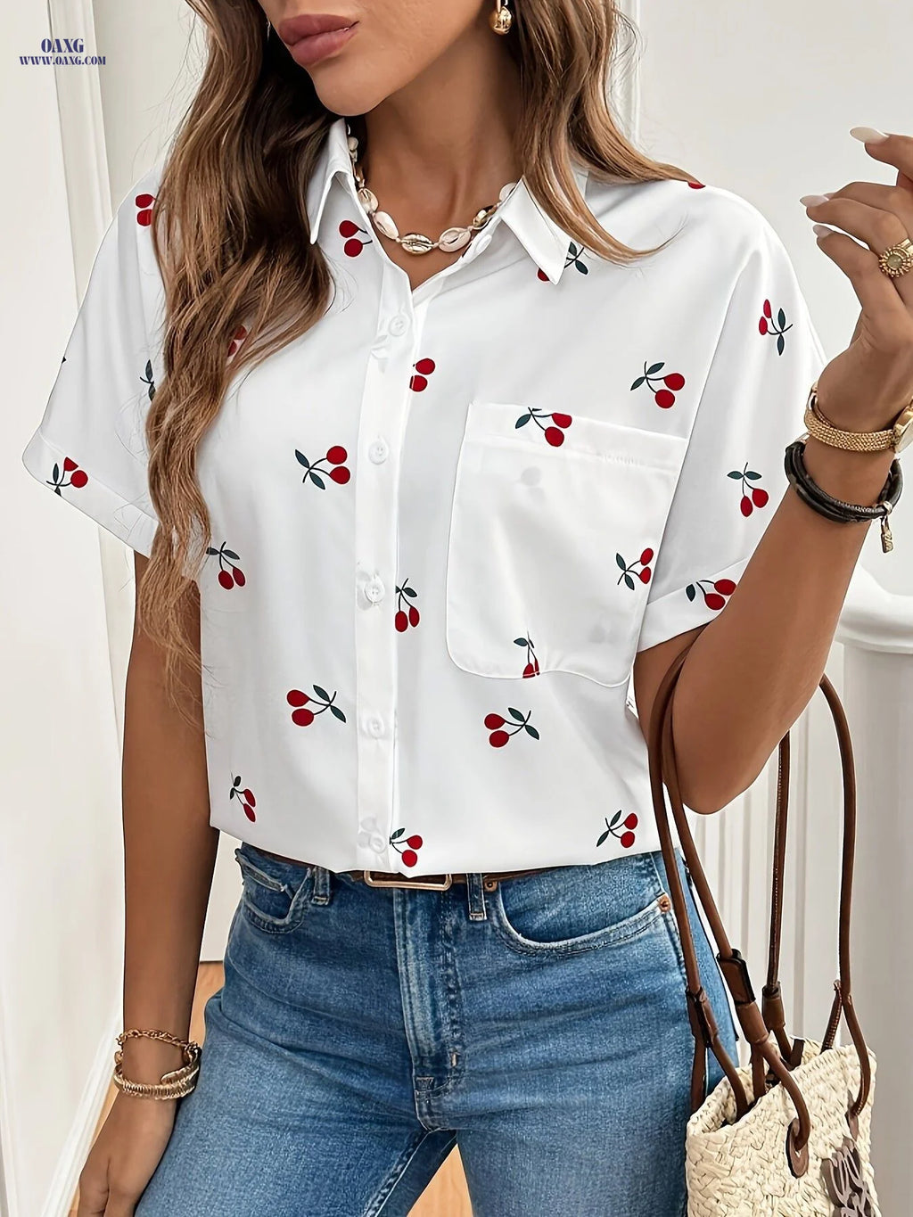 Women's Elegant Cherry Print Shirt - Short Sleeve Stand Collar Blouse with Red Fruit Pattern, Machine Washable Lightweight Top for Spring/Summer Casual & Formal Outfits, Formal Casual Shirt | Playful Cherry Print | Lightweight Fabric, Cherry