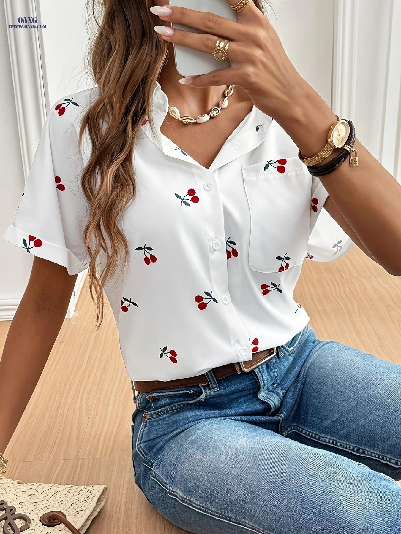 Women's Elegant Cherry Print Shirt - Short Sleeve Stand Collar Blouse with Red Fruit Pattern, Machine Washable Lightweight Top for Spring/Summer Casual & Formal Outfits, Formal Casual Shirt | Playful Cherry Print | Lightweight Fabric, Cherry