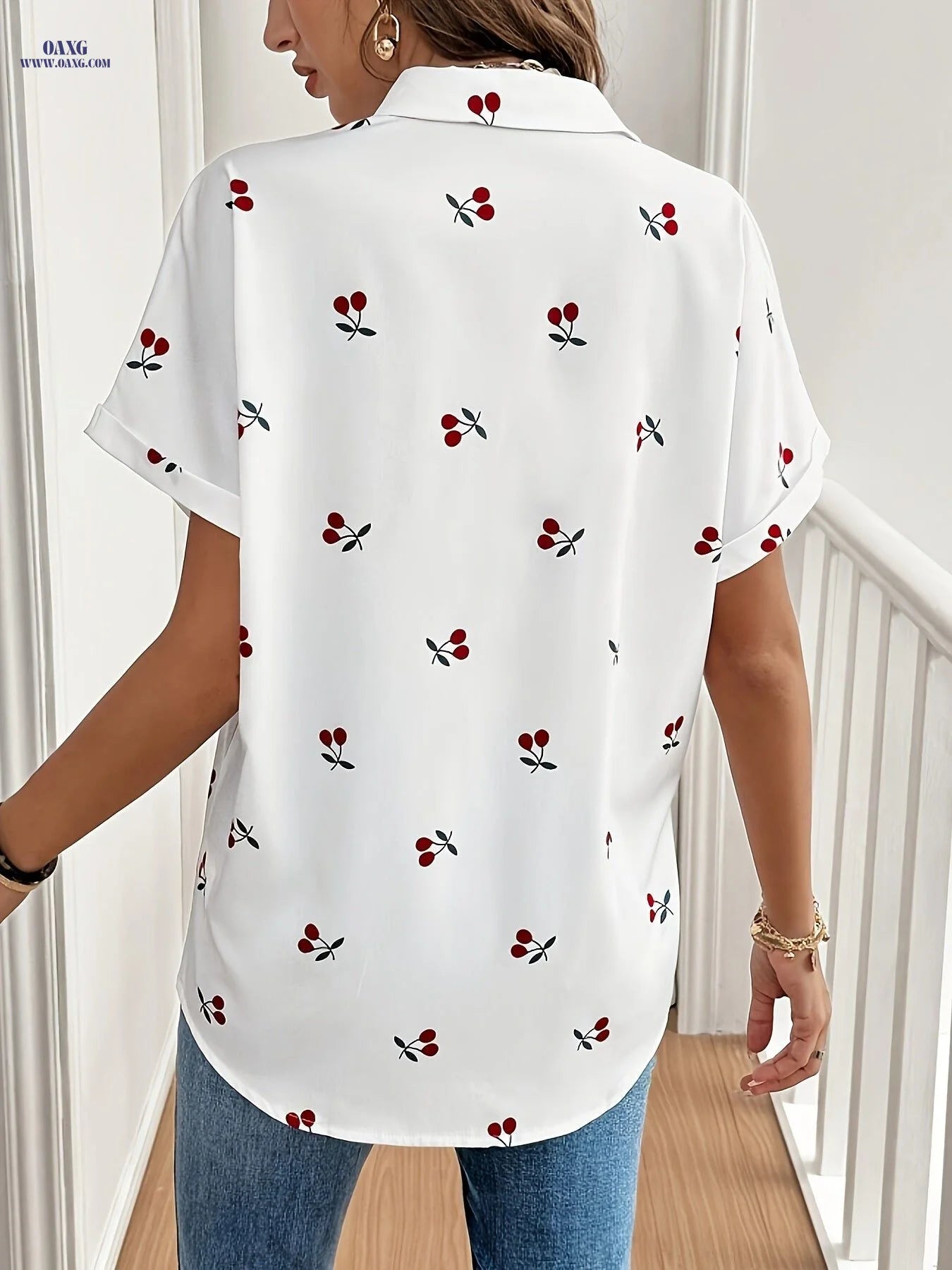Women's Elegant Cherry Print Shirt - Short Sleeve Stand Collar Blouse with Red Fruit Pattern, Machine Washable Lightweight Top for Spring/Summer Casual & Formal Outfits, Formal Casual Shirt | Playful Cherry Print | Lightweight Fabric, Cherry