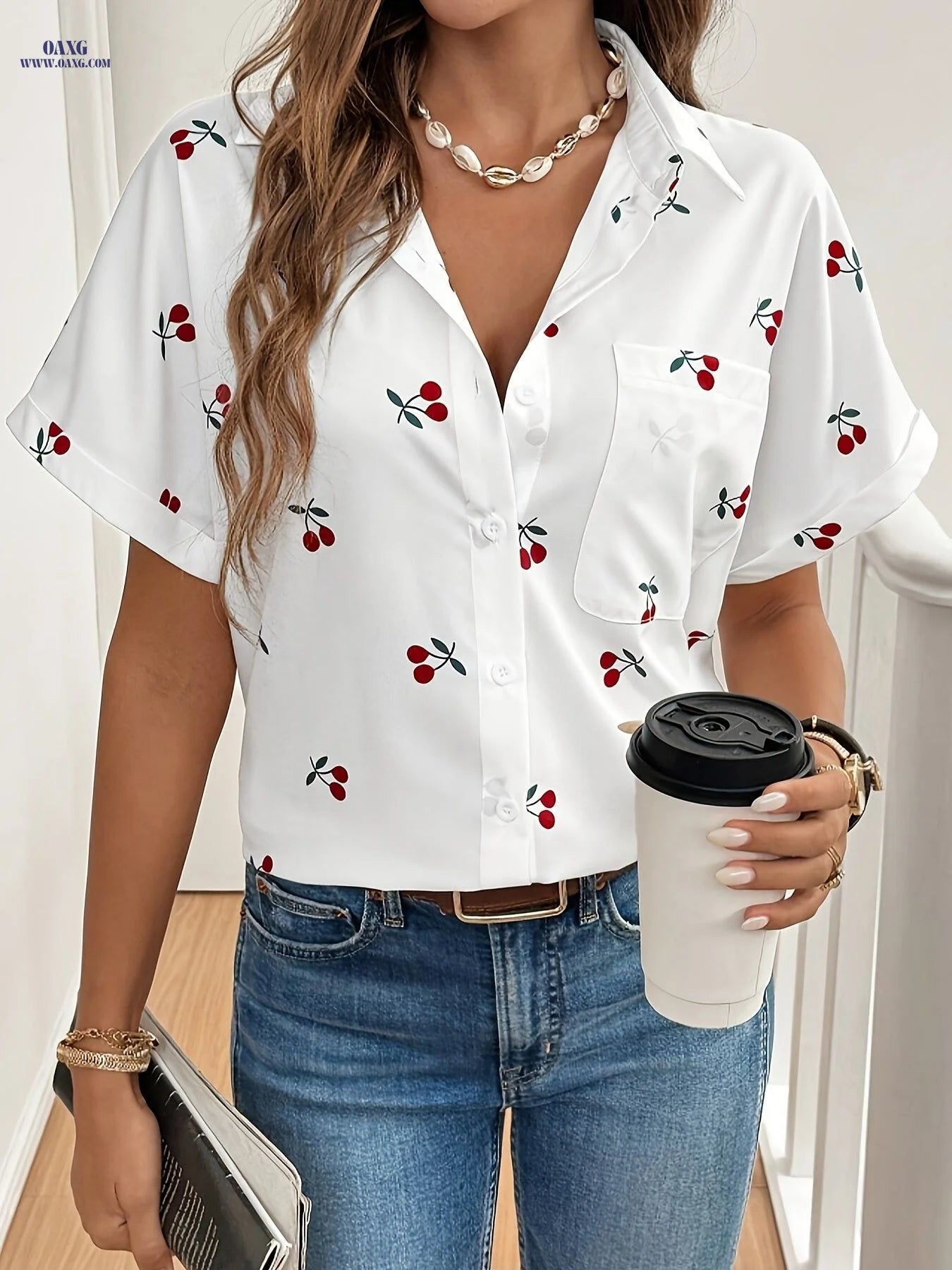 Women's Elegant Cherry Print Shirt - Short Sleeve Stand Collar Blouse with Red Fruit Pattern, Machine Washable Lightweight Top for Spring/Summer Casual & Formal Outfits, Formal Casual Shirt | Playful Cherry Print | Lightweight Fabric, Cherry