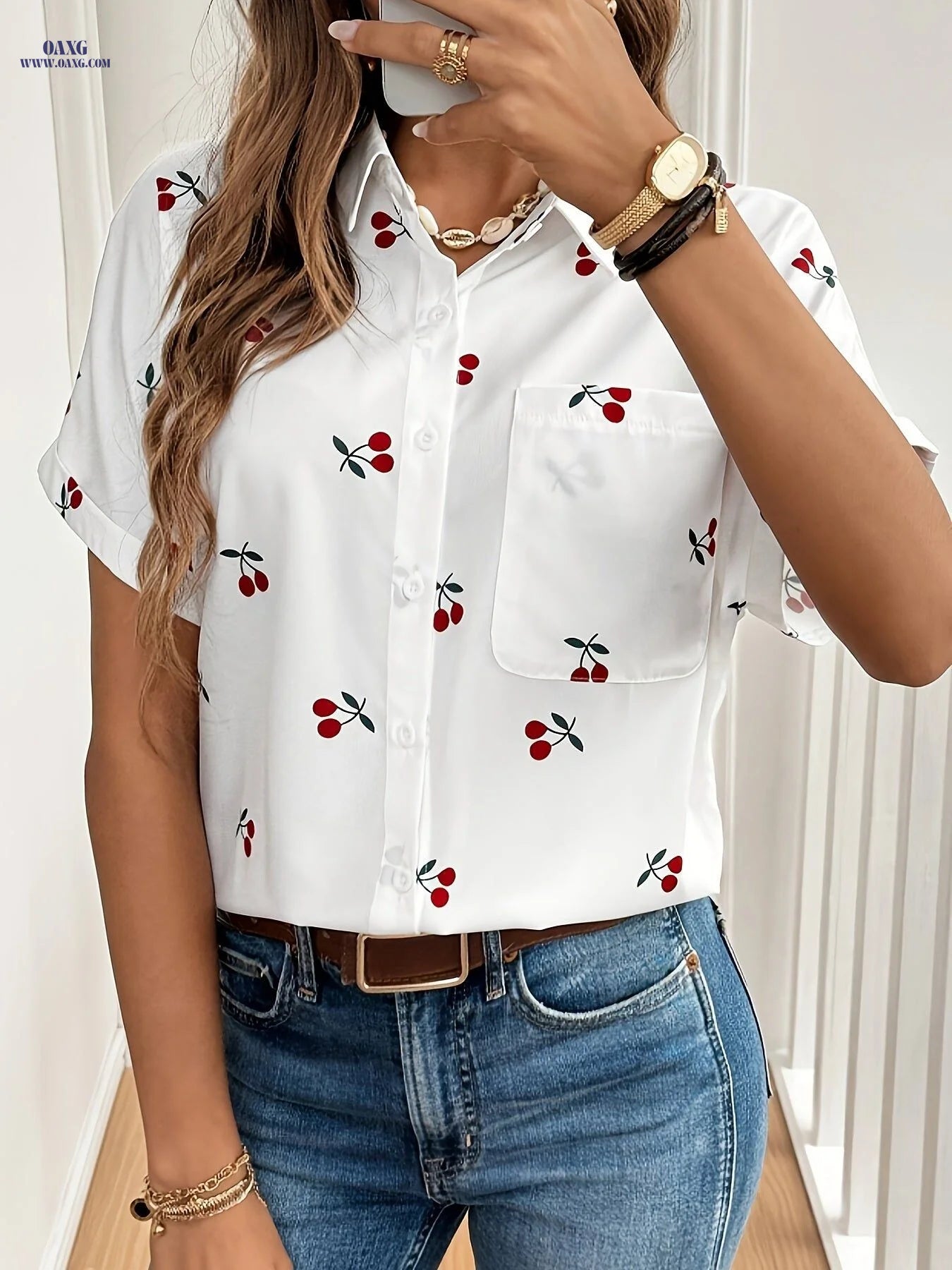 Women's Elegant Cherry Print Shirt - Short Sleeve Stand Collar Blouse with Red Fruit Pattern, Machine Washable Lightweight Top for Spring/Summer Casual & Formal Outfits, Formal Casual Shirt | Playful Cherry Print | Lightweight Fabric, Cherry
