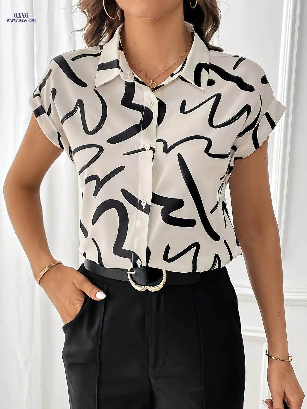 Women's Elegant Geometric Print Button-Up Shirt - Classic Collar, Machine Washable, All-Season Versatile Top for Casual & Professional Wear, Nontransparent Fabric   OAXG Black And White Color / S