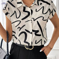 Women's Elegant Geometric Print Button-Up Shirt - Classic Collar, Machine Washable, All-Season Versatile Top for Casual & Professional Wear, Nontransparent Fabric   OAXG Black And White Color / S