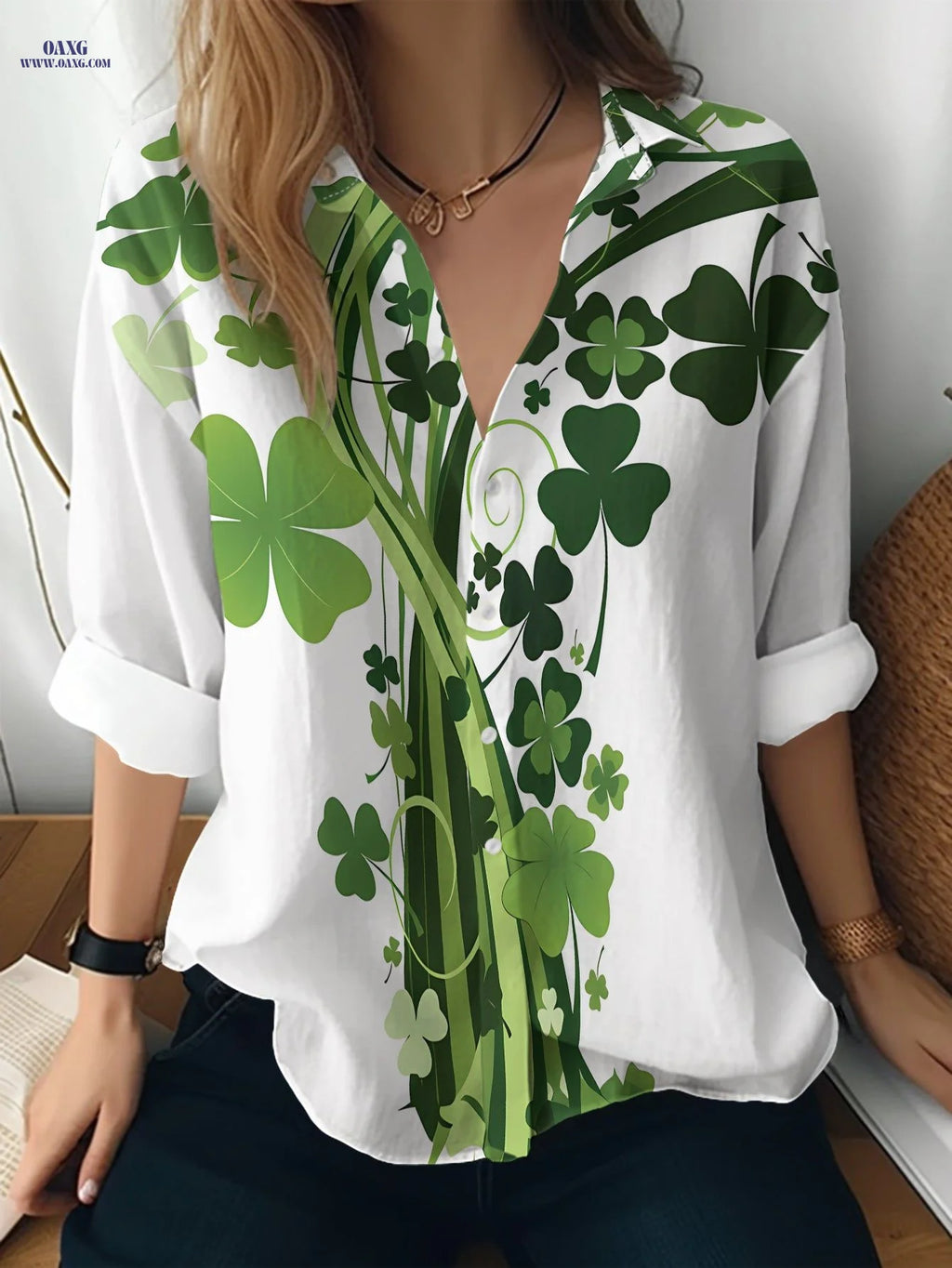 Casual Fashion Women'S Outdoor Long-Sleeve Cardigan Shirt with Green Clover and Vine Design | Vibrant Color Contrast, Natural Design, Machine Washable, Lapel Collar, Printed Shirt   OAXG Multicolor / S