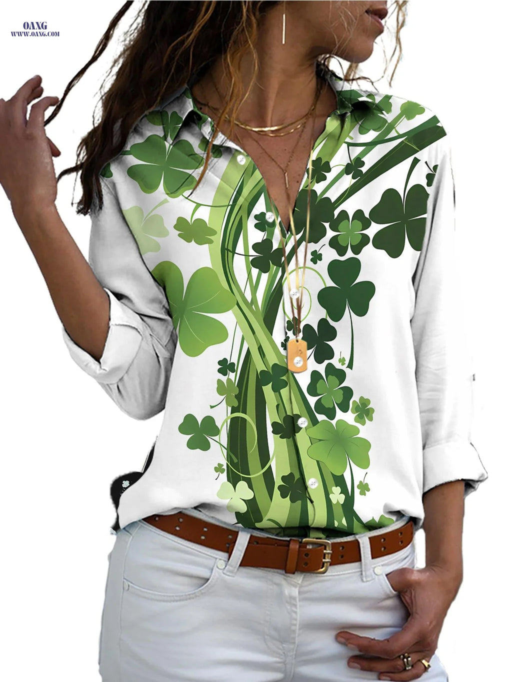 Casual Fashion Women'S Outdoor Long-Sleeve Cardigan Shirt with Green Clover and Vine Design | Vibrant Color Contrast, Natural Design, Machine Washable, Lapel Collar, Printed Shirt   OAXG Multicolor / S