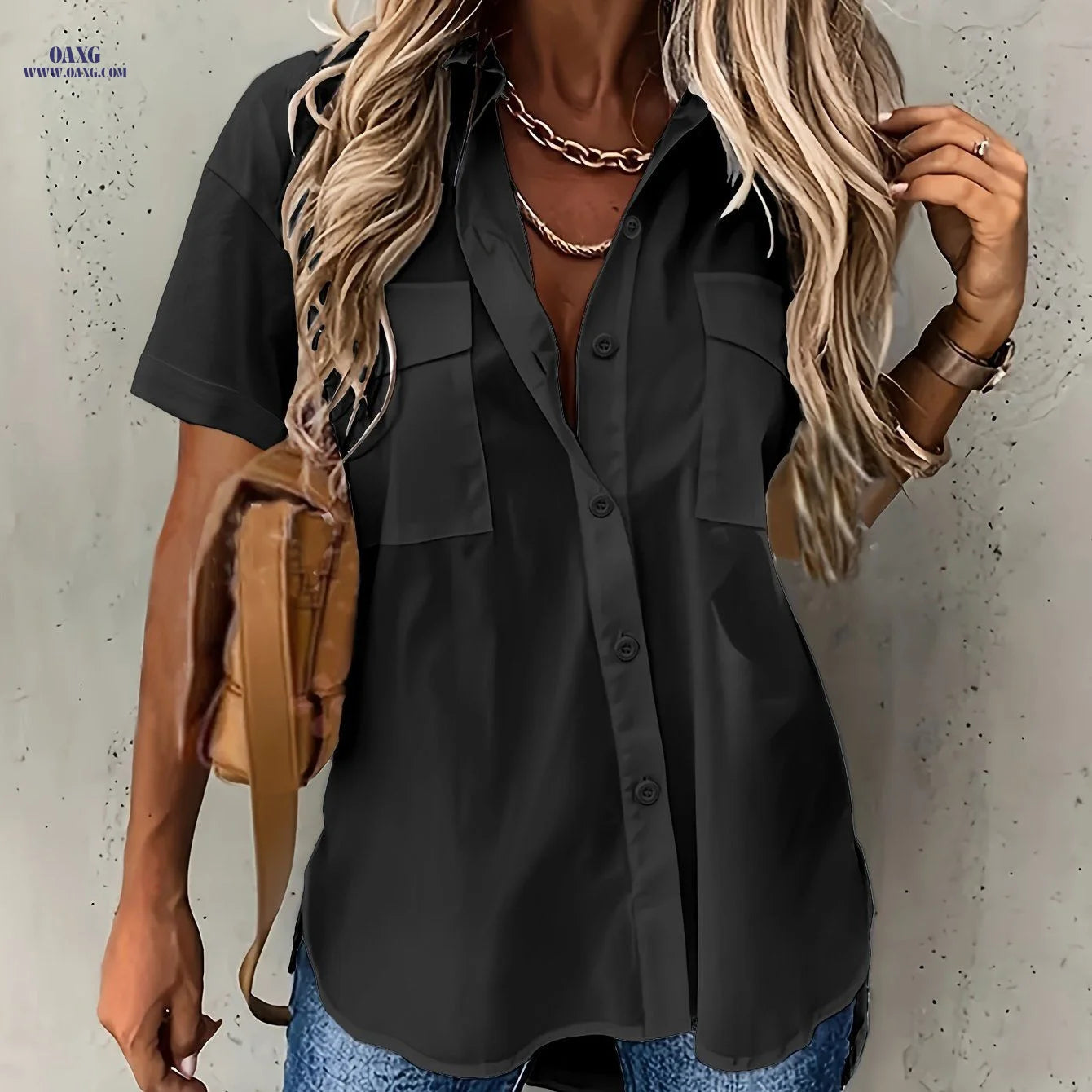 Women's Solid Color Short Sleeve Shirt with Front Dual Pockets   OAXG Yellow / S