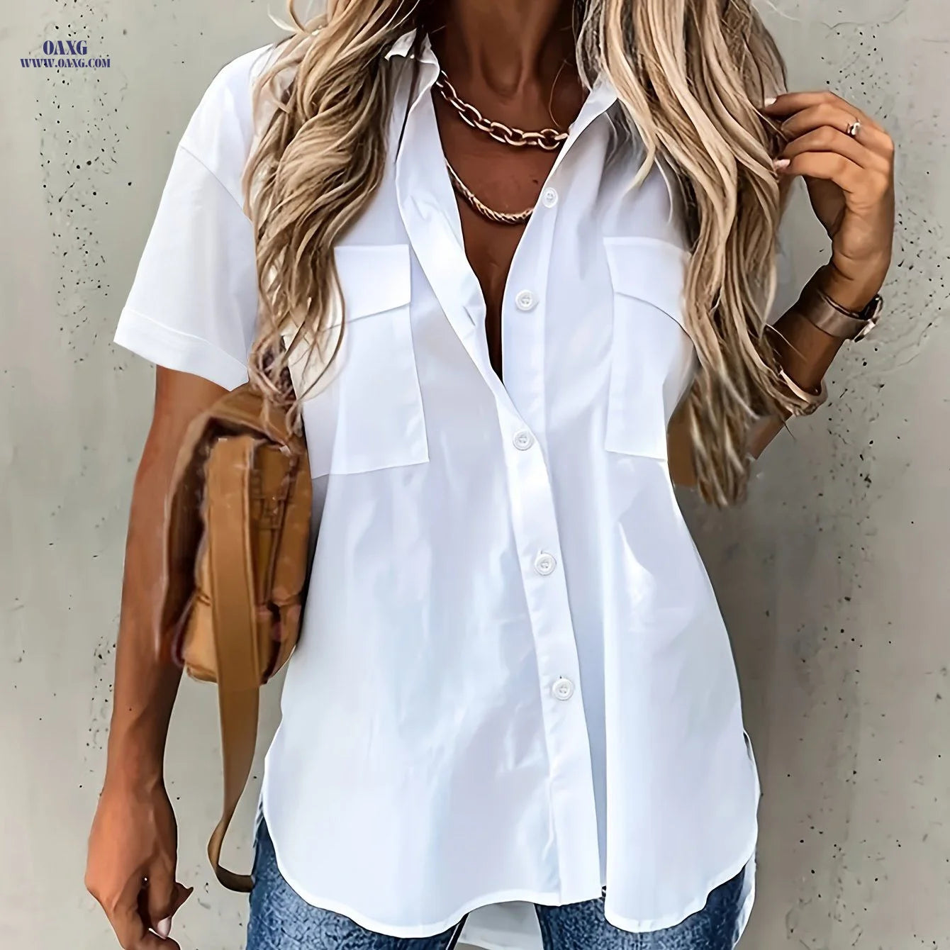 Women's Solid Color Short Sleeve Shirt with Front Dual Pockets   OAXG Yellow / S