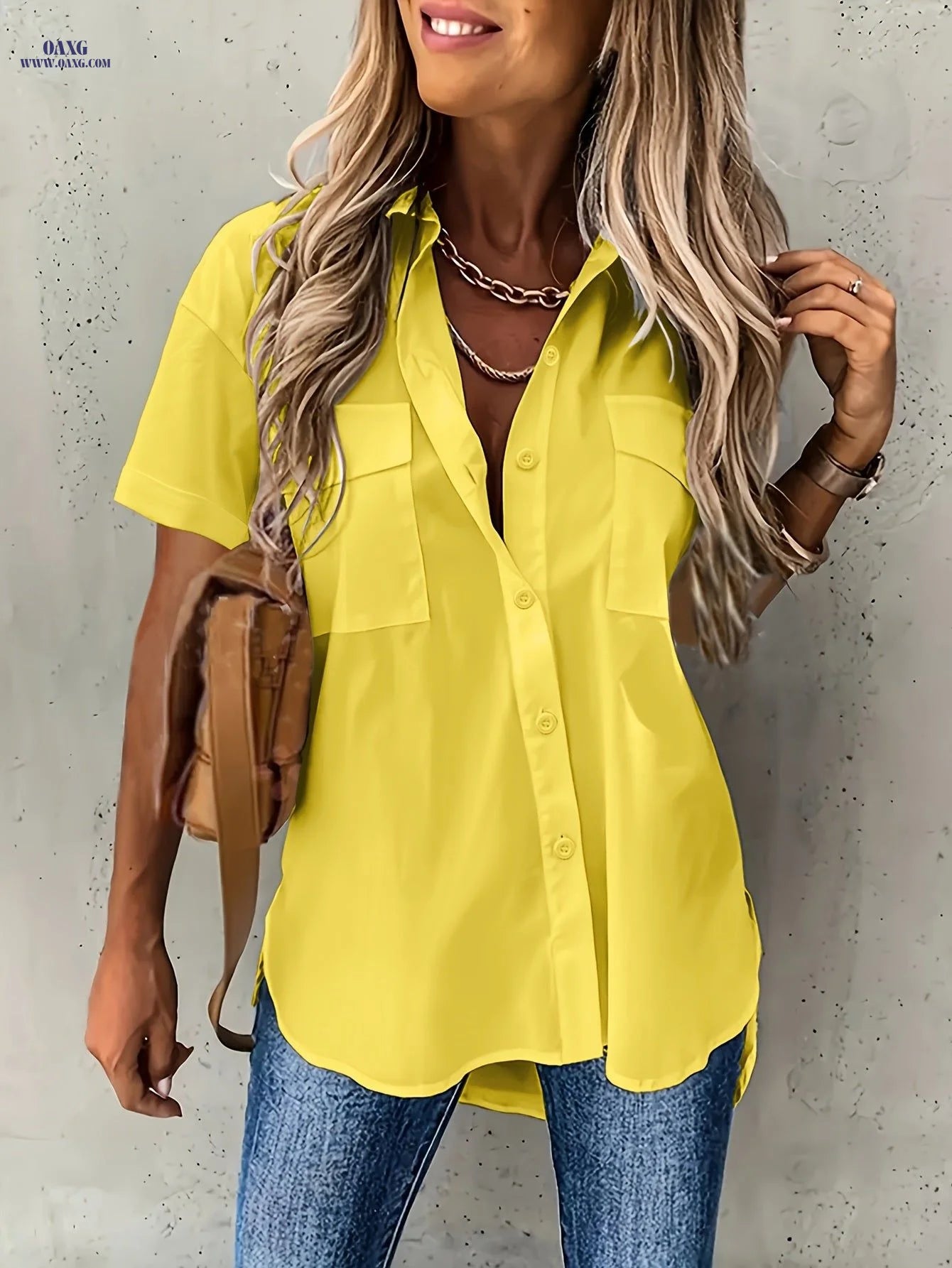 Women's Solid Color Short Sleeve Shirt with Front Dual Pockets   OAXG Yellow / S