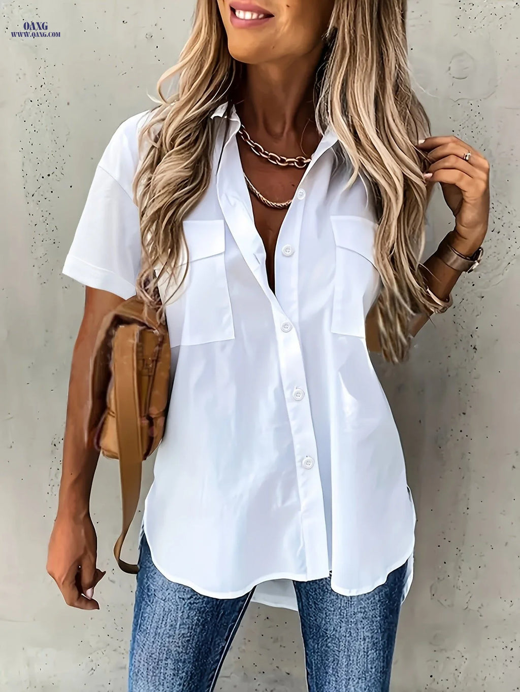 Women's Solid Color Short Sleeve Shirt with Front Dual Pockets   OAXG Yellow / S