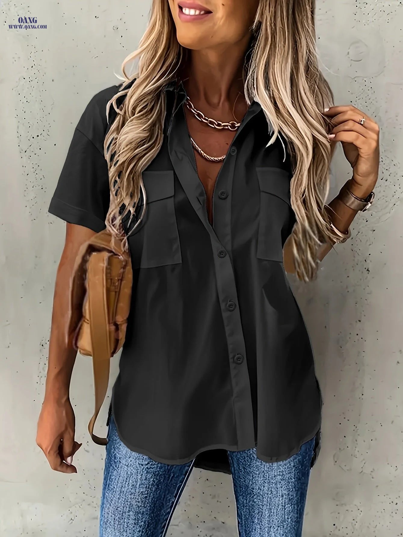 Women's Solid Color Short Sleeve Shirt with Front Dual Pockets   OAXG Yellow / S