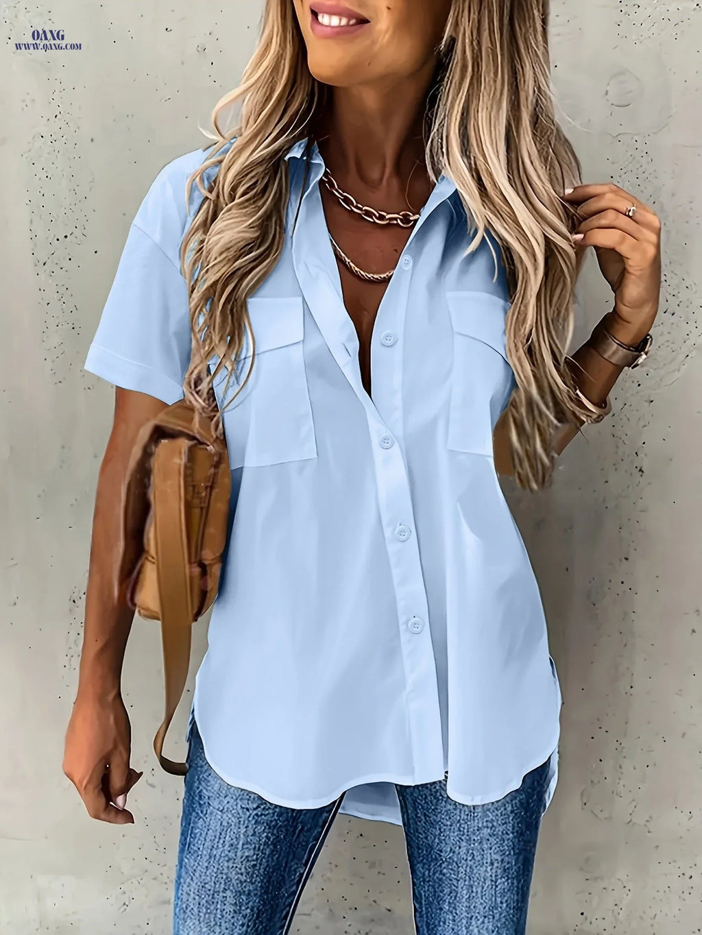 Women's Solid Color Short Sleeve Shirt with Front Dual Pockets   OAXG Yellow / S