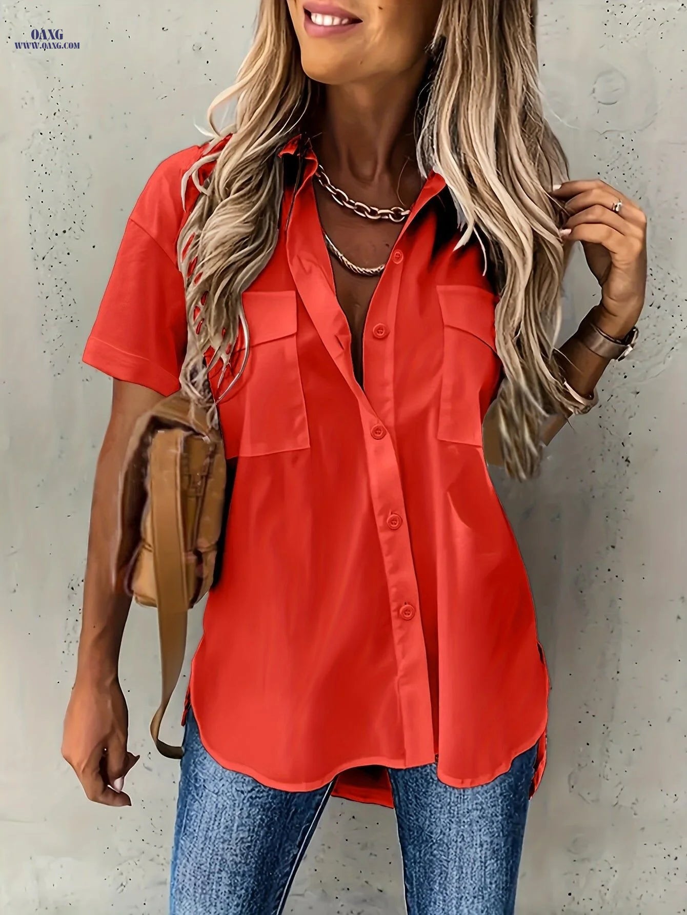 Women's Solid Color Short Sleeve Shirt with Front Dual Pockets   OAXG Yellow / S