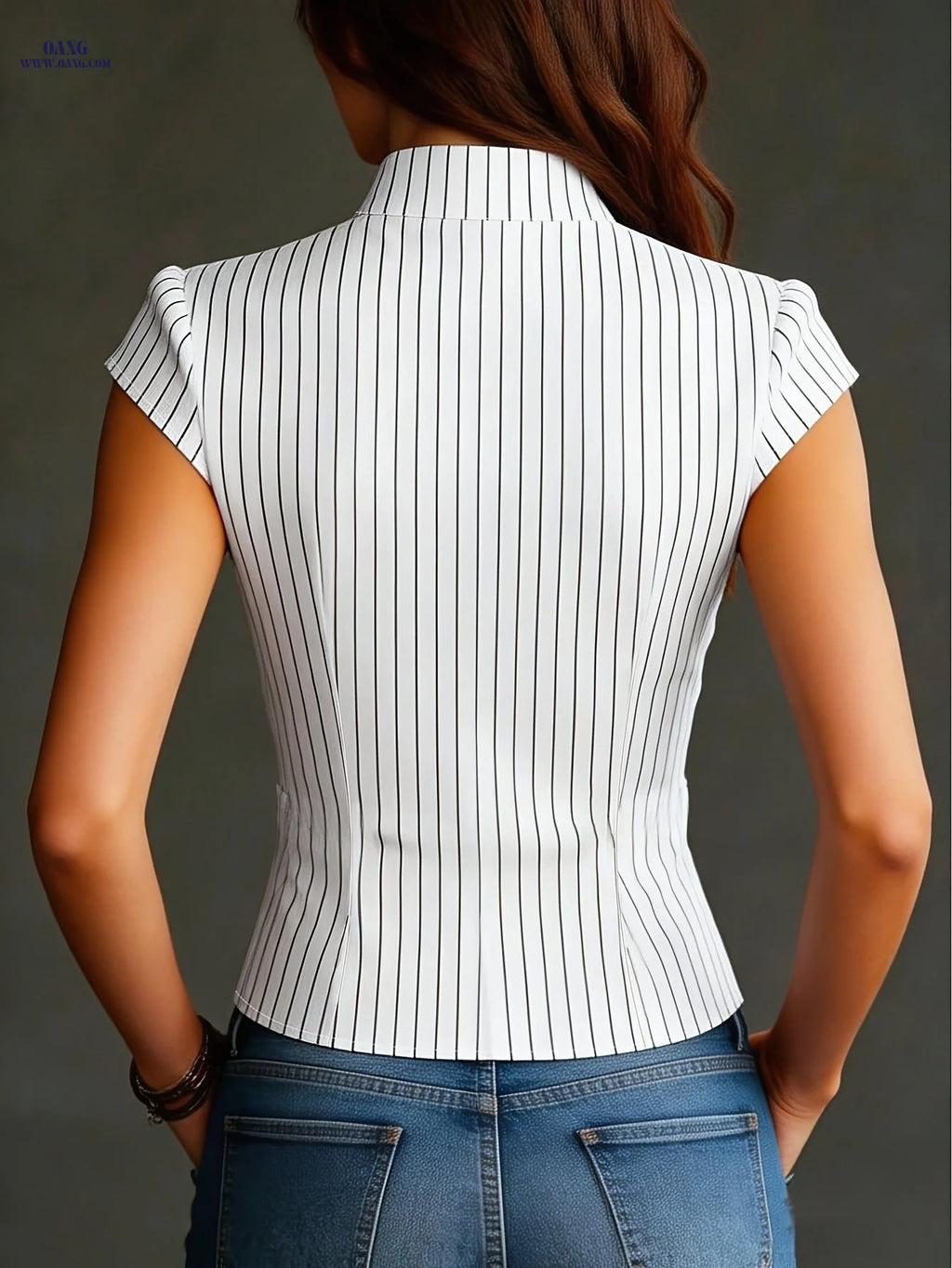 Casual Summer Shirt for Women, Striped Button Detail on Placket, Suitable for Office Wear   OAXG White Stripes / S