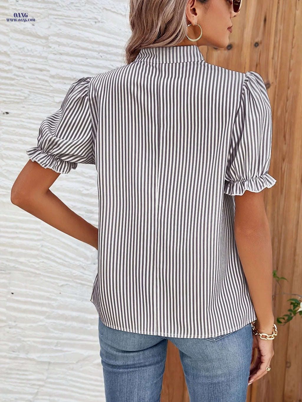 Women's Striped V-Neck Puff Sleeve Shirt - Summer Regular Fit Top   OAXG Multicolor / S