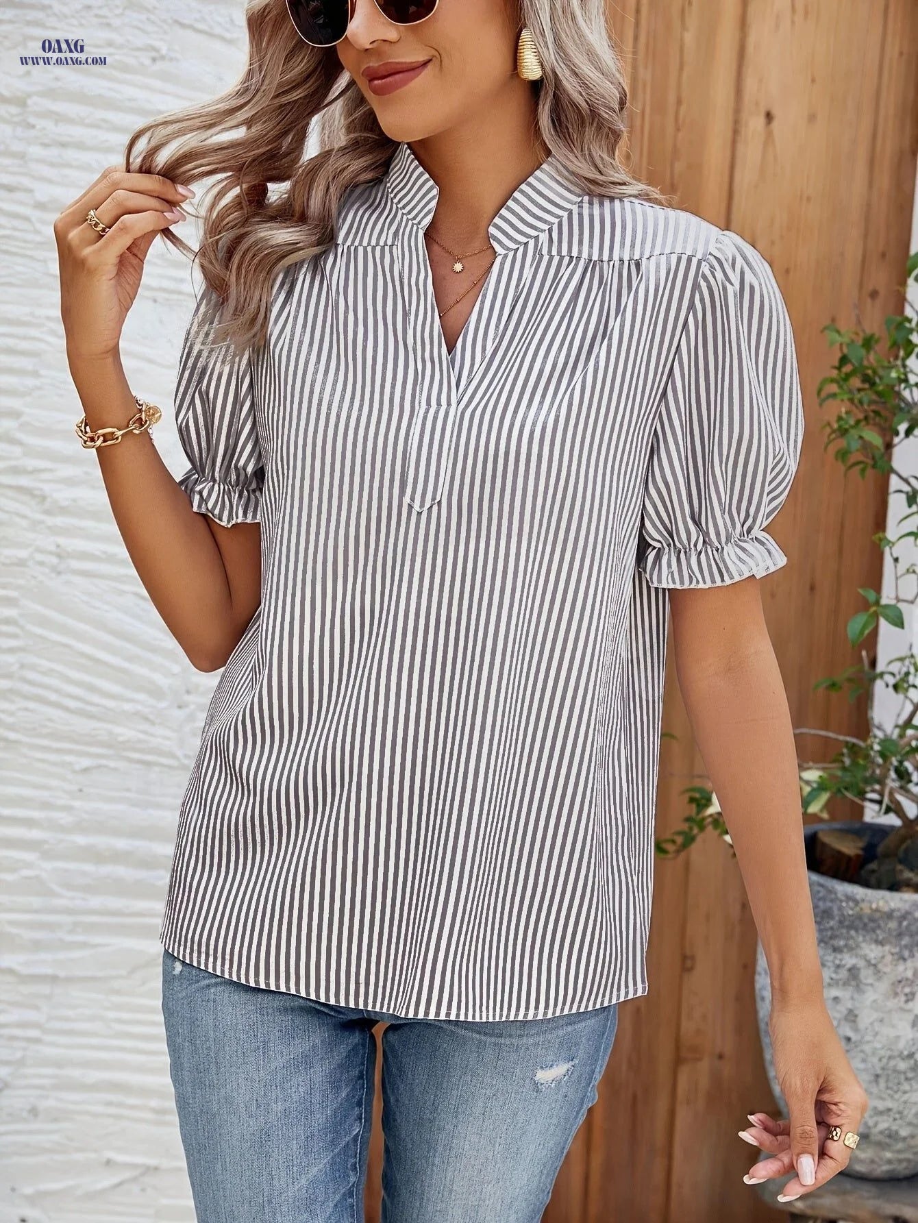 Women's Striped V-Neck Puff Sleeve Shirt - Summer Regular Fit Top   OAXG Multicolor / S