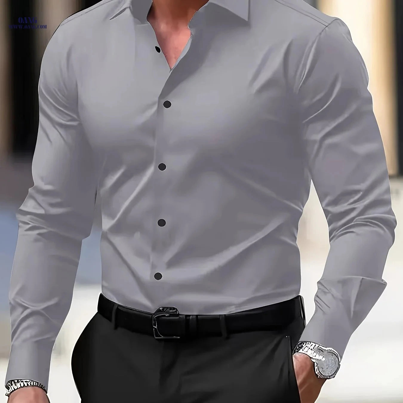 Wrinkle-Free Men's Long Sleeve Shirt - Casual & Professional Style   OAXG 