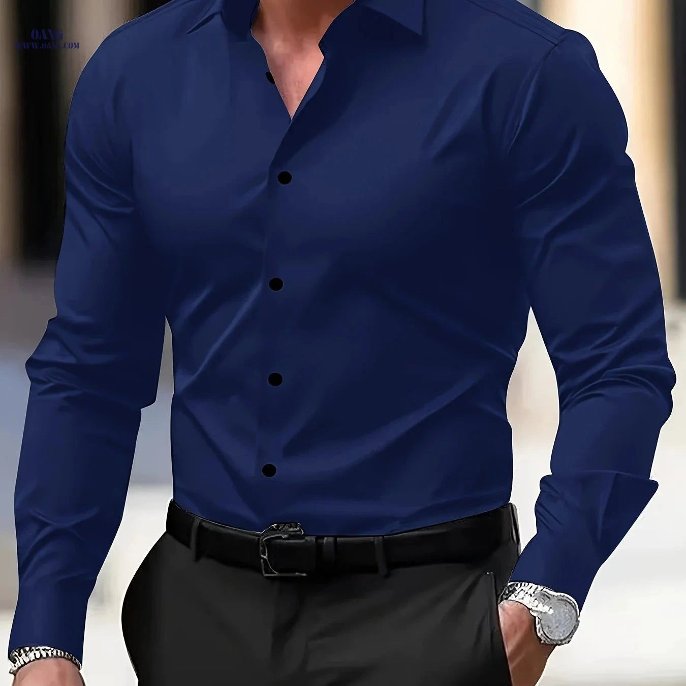 Wrinkle-Free Men's Long Sleeve Shirt - Casual & Professional Style   OAXG 