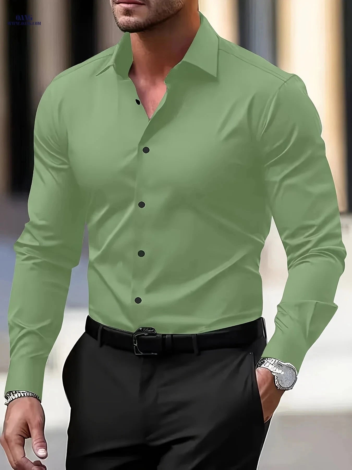 Wrinkle-Free Men's Long Sleeve Shirt - Casual & Professional Style   OAXG 