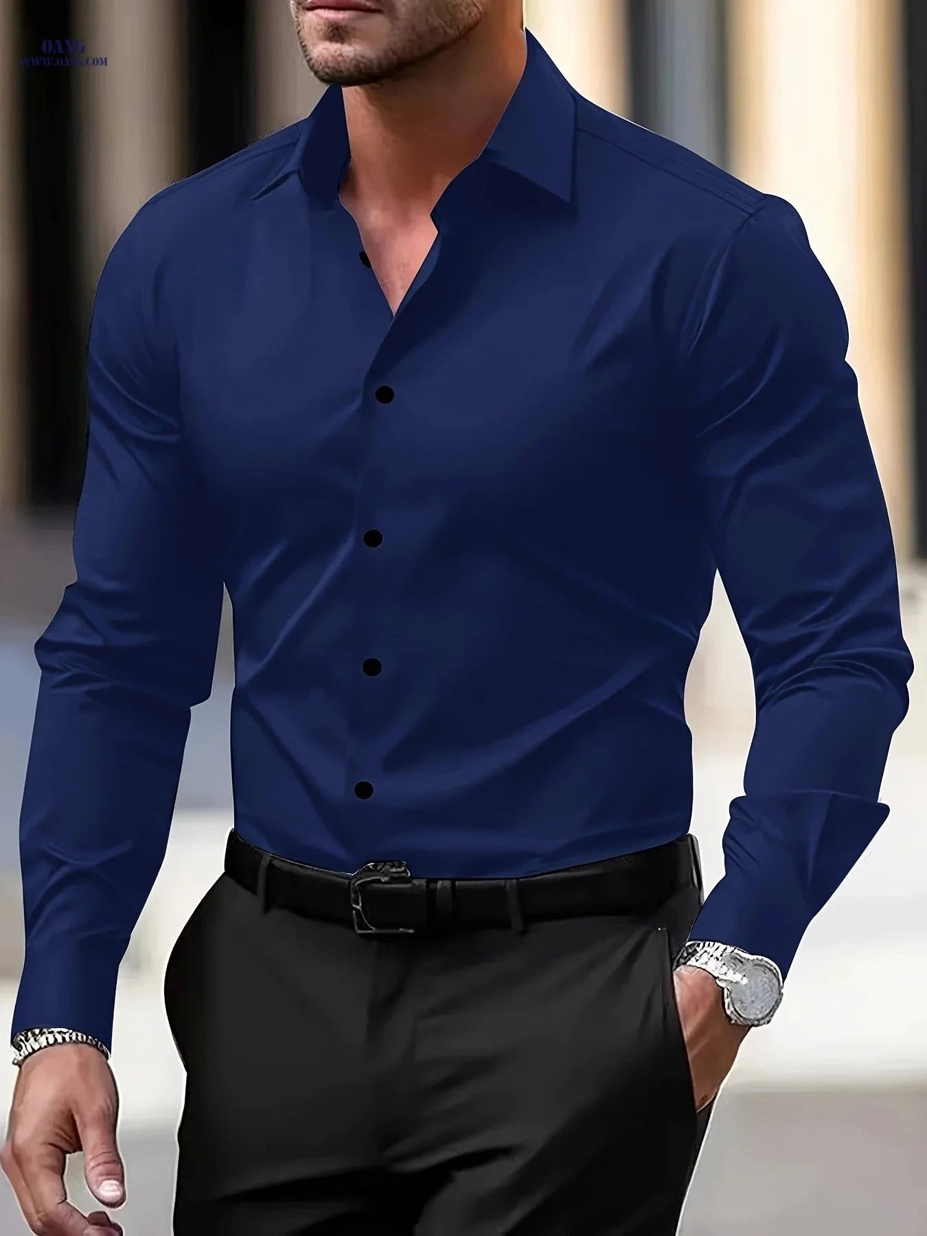 Wrinkle-Free Men's Long Sleeve Shirt - Casual & Professional Style   OAXG 