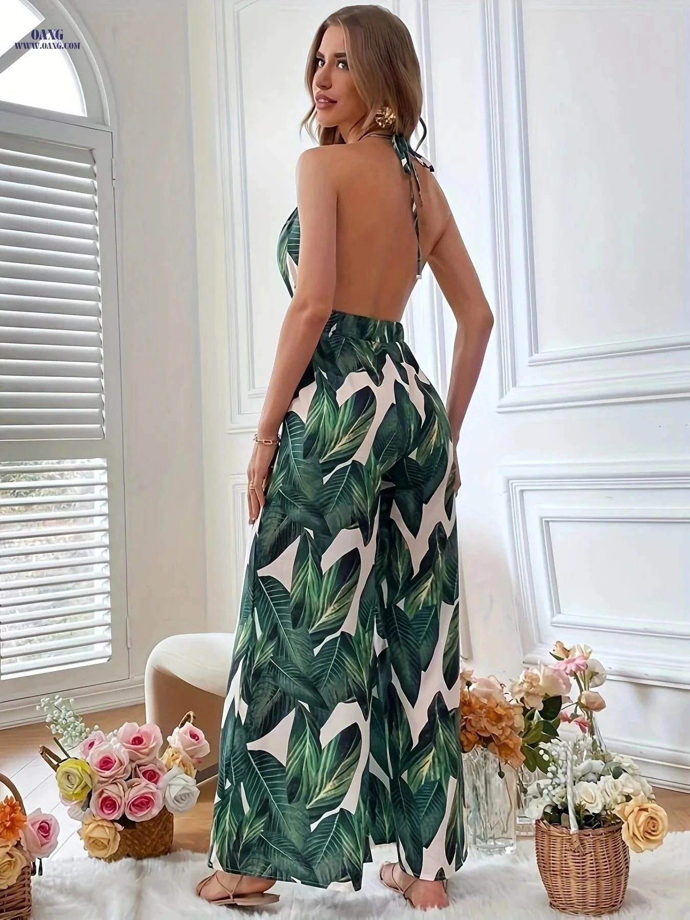 XC9078 Tie-Waist Jumpsuit - Elegant V-Neck Design for All Seasons   OAXG Green / S