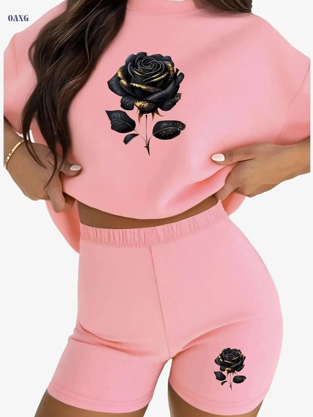 XDF11L53 Women's Sports Set - Casual Round Neck & Unique Print   OAXG Pink Color / S