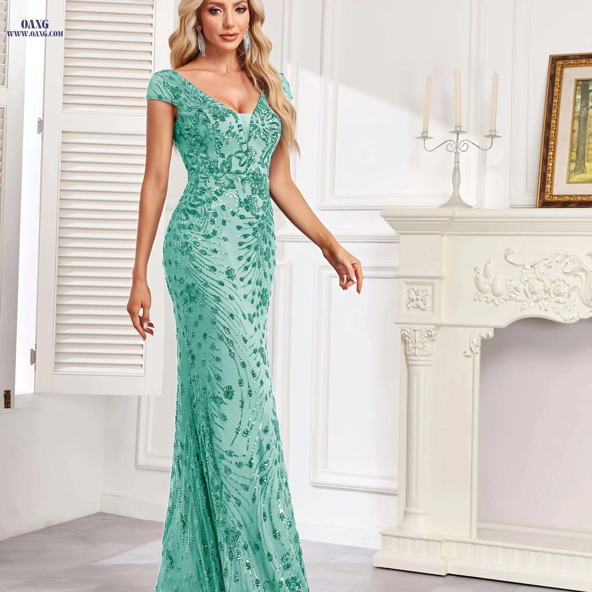 XUIBOL Sleeveless V-Neck Sequin Evening Gown - Elegant Mermaid Dress   OAXG 