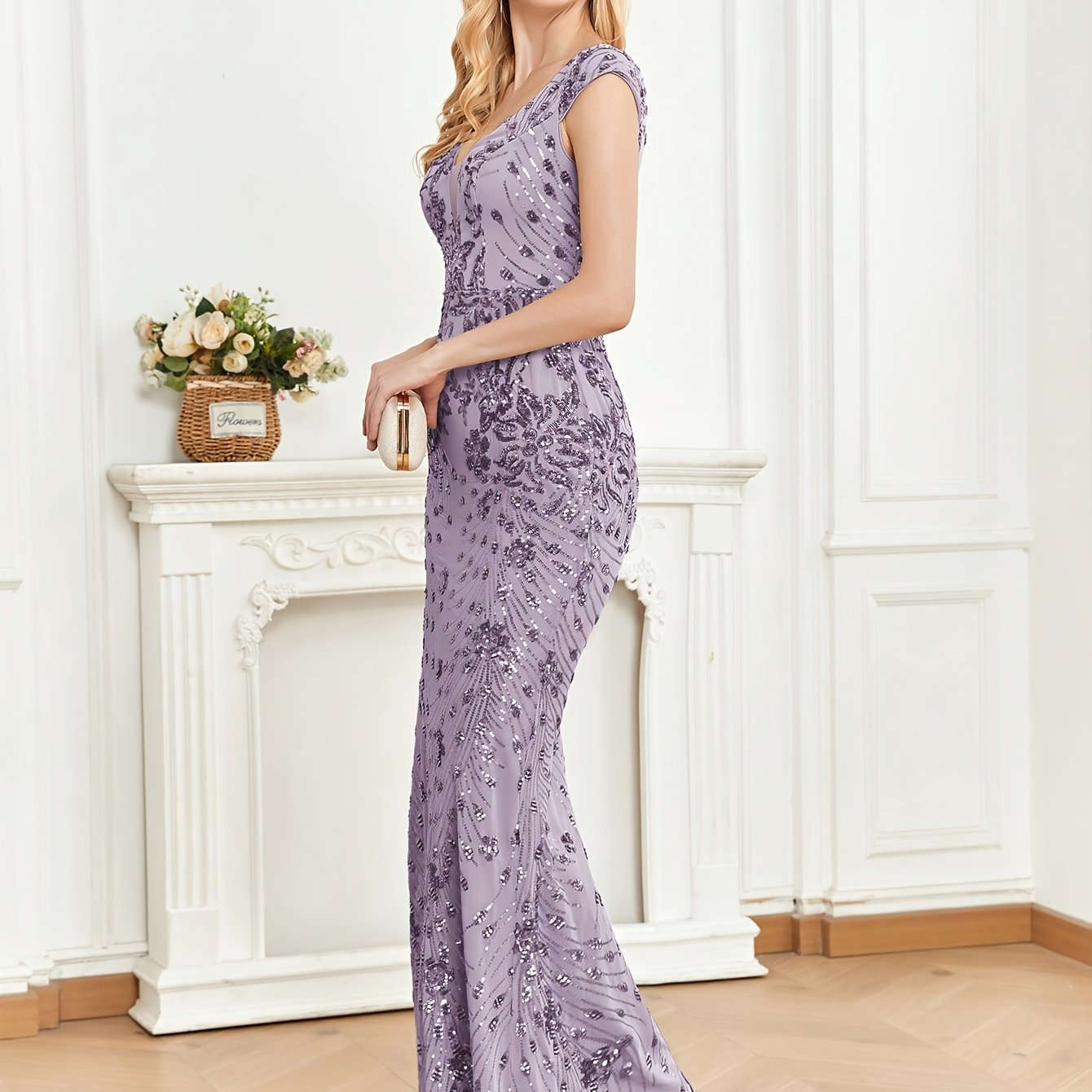 XUIBOL Sleeveless V-Neck Sequin Evening Gown - Elegant Mermaid Dress   OAXG 