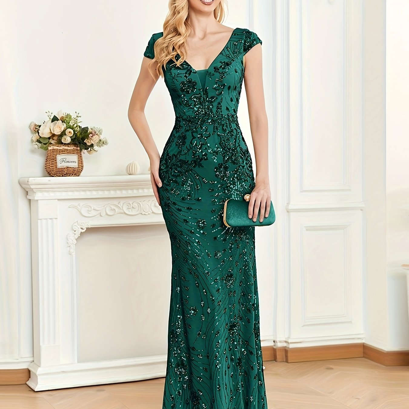 XUIBOL Sleeveless V-Neck Sequin Evening Gown - Elegant Mermaid Dress   OAXG 
