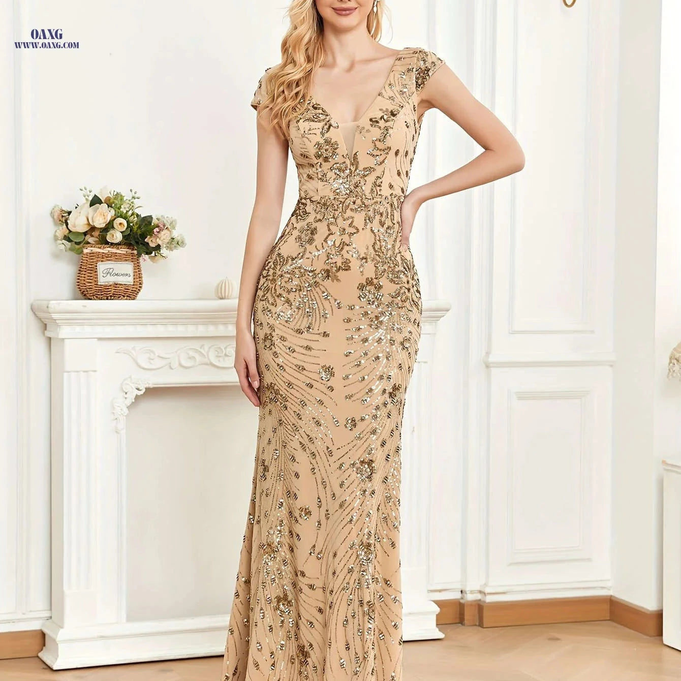 XUIBOL Sleeveless V-Neck Sequin Evening Gown - Elegant Mermaid Dress   OAXG 