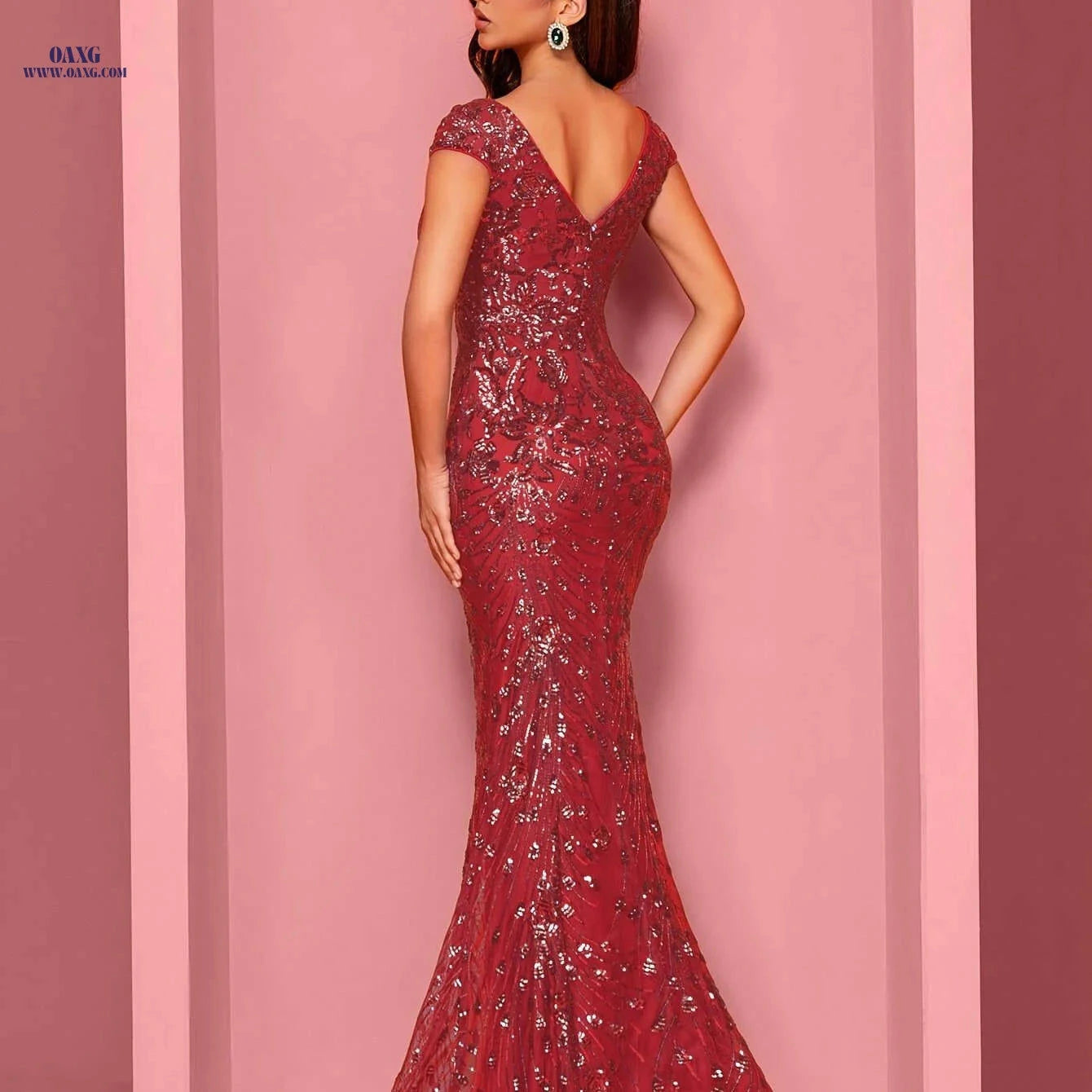 XUIBOL Sleeveless V-Neck Sequin Evening Gown - Elegant Mermaid Dress   OAXG 