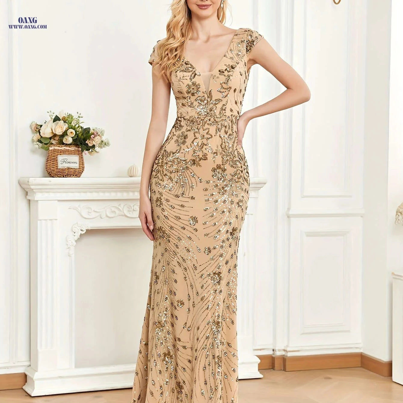 XUIBOL Sleeveless V-Neck Sequin Evening Gown - Elegant Mermaid Dress   OAXG 